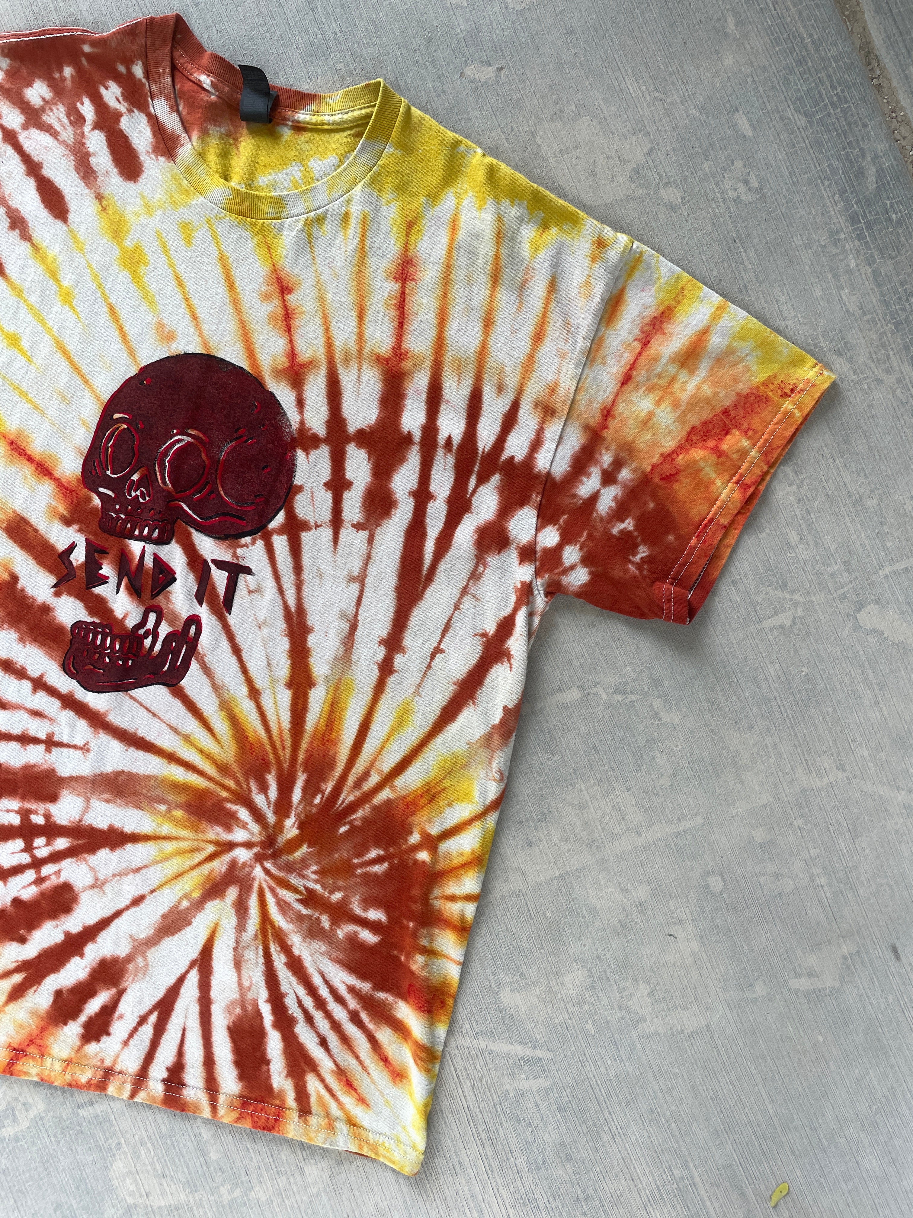 Men's XL Send It Skull Handmade Orange and Yellow Tie Dye Short Sleeve T-Shirt