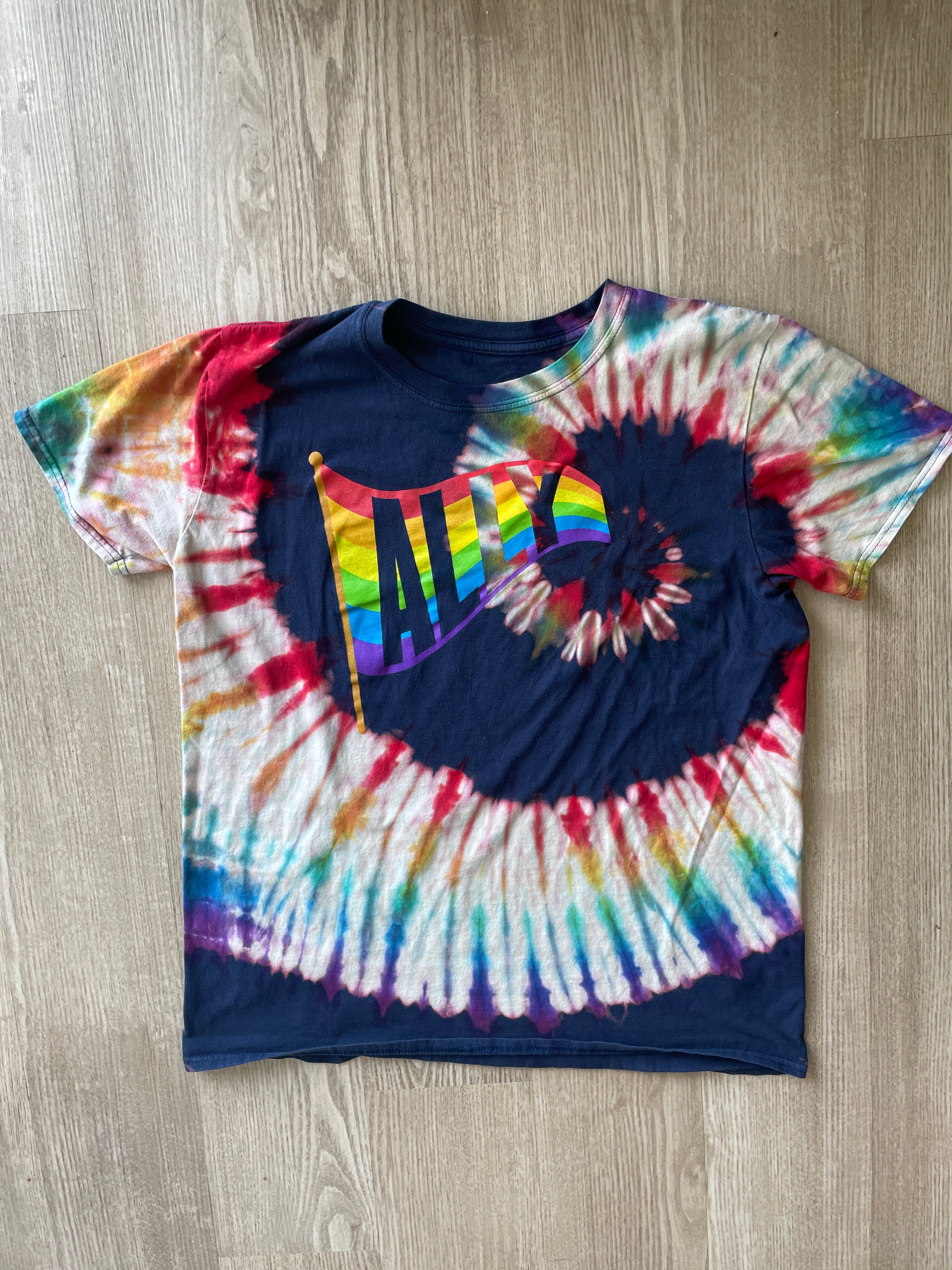 LARGE Women's LGBQ+ Pride Flag ALLY Handmade Reverse Tie Dye T-Shirt | One-Of-a-Kind Navy Blue and Rainbow Short Sleeve