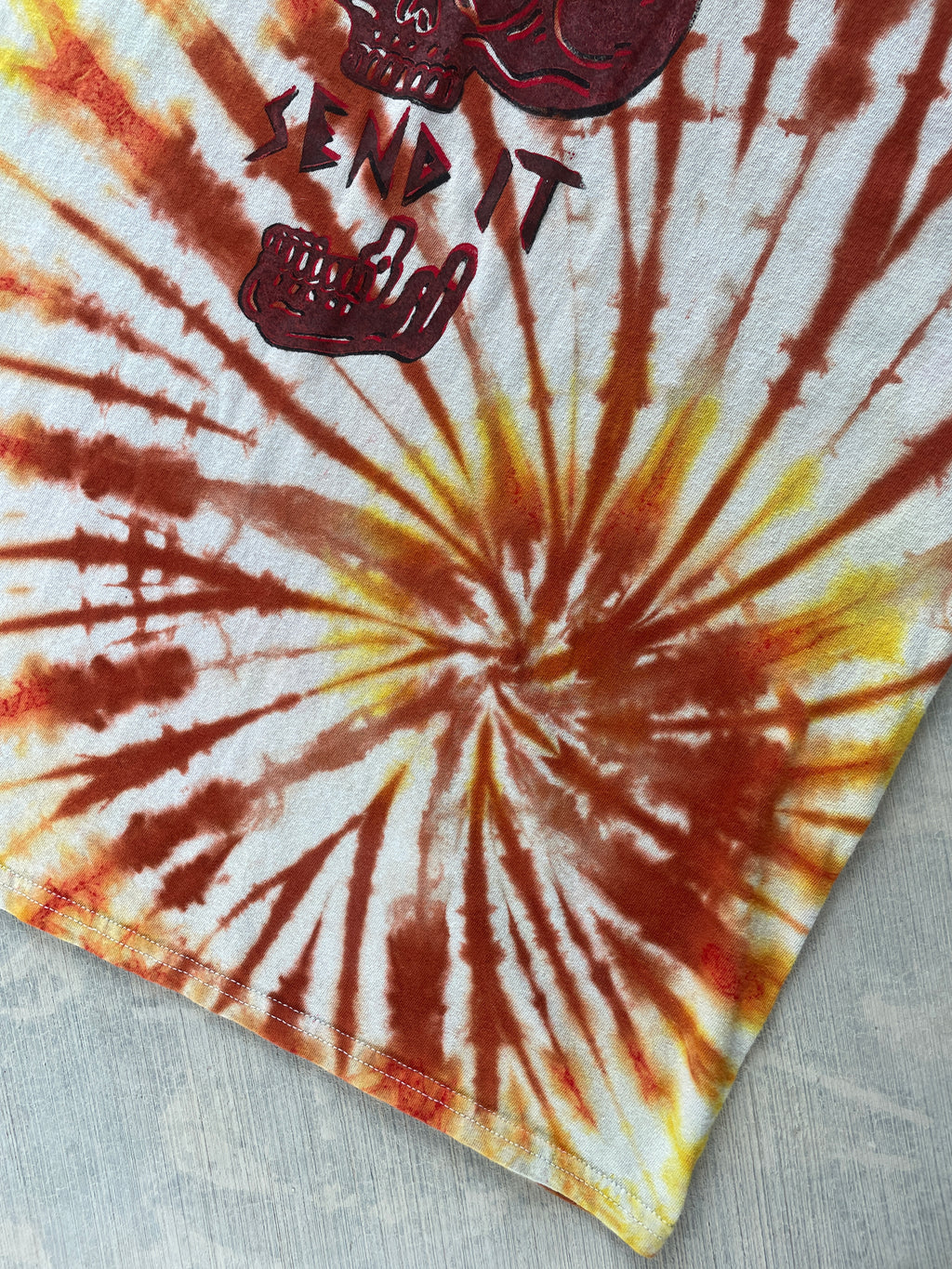 Men's XL Send It Skull Handmade Orange and Yellow Tie Dye Short Sleeve T-Shirt