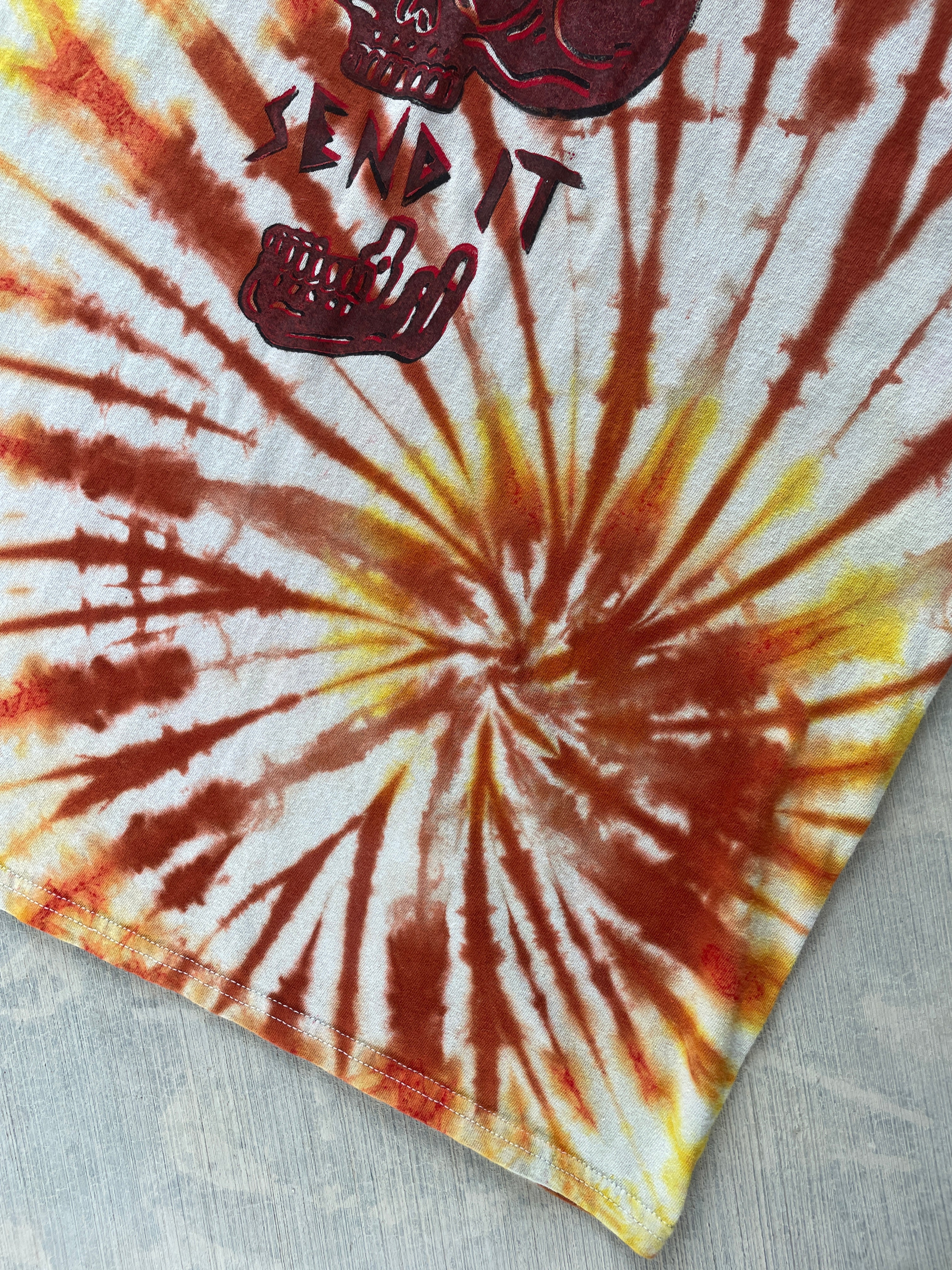 Men's XL Send It Skull Handmade Orange and Yellow Tie Dye Short Sleeve T-Shirt