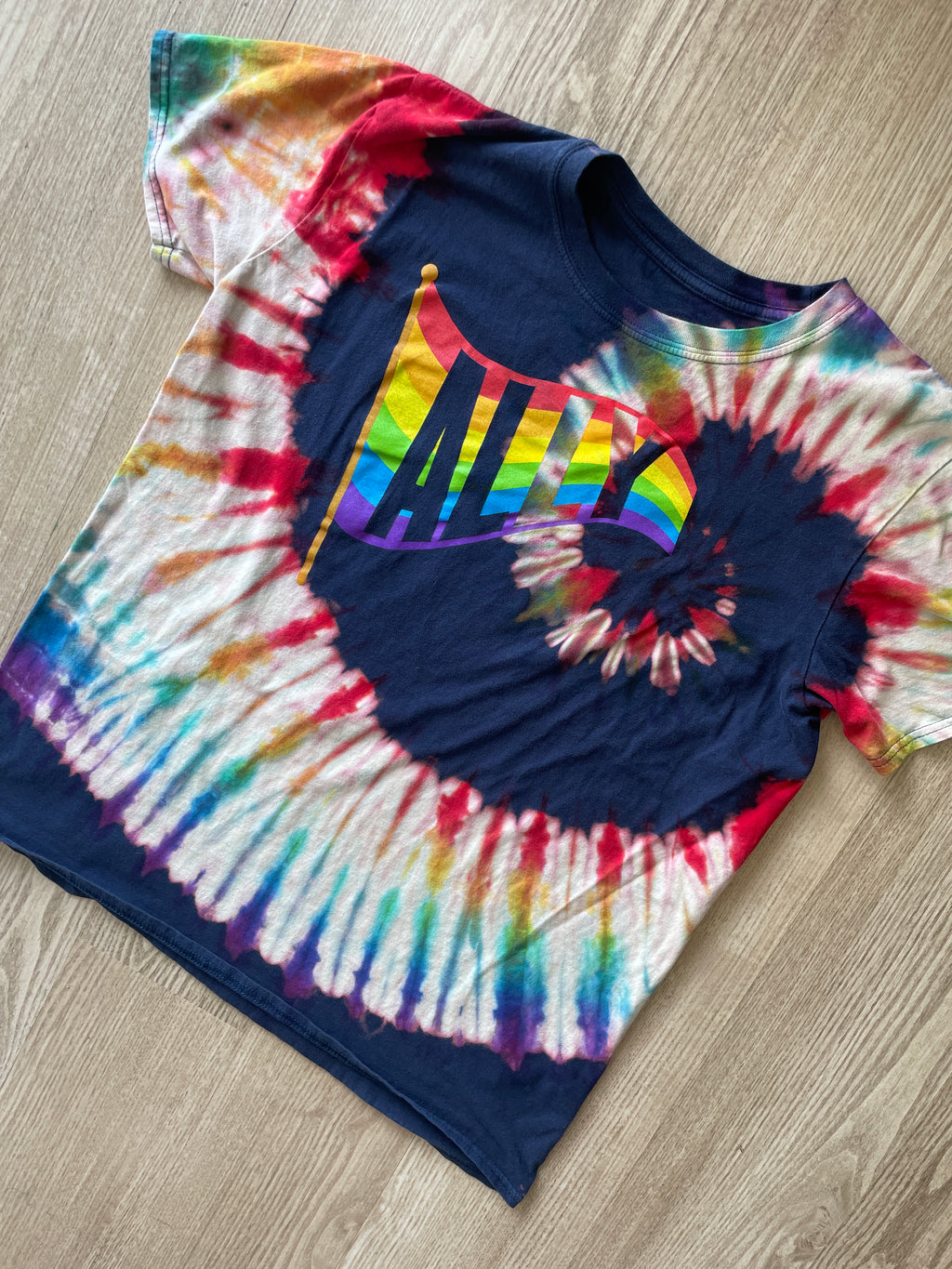 LARGE Women's LGBQ+ Pride Flag ALLY Handmade Reverse Tie Dye T-Shirt | One-Of-a-Kind Navy Blue and Rainbow Short Sleeve
