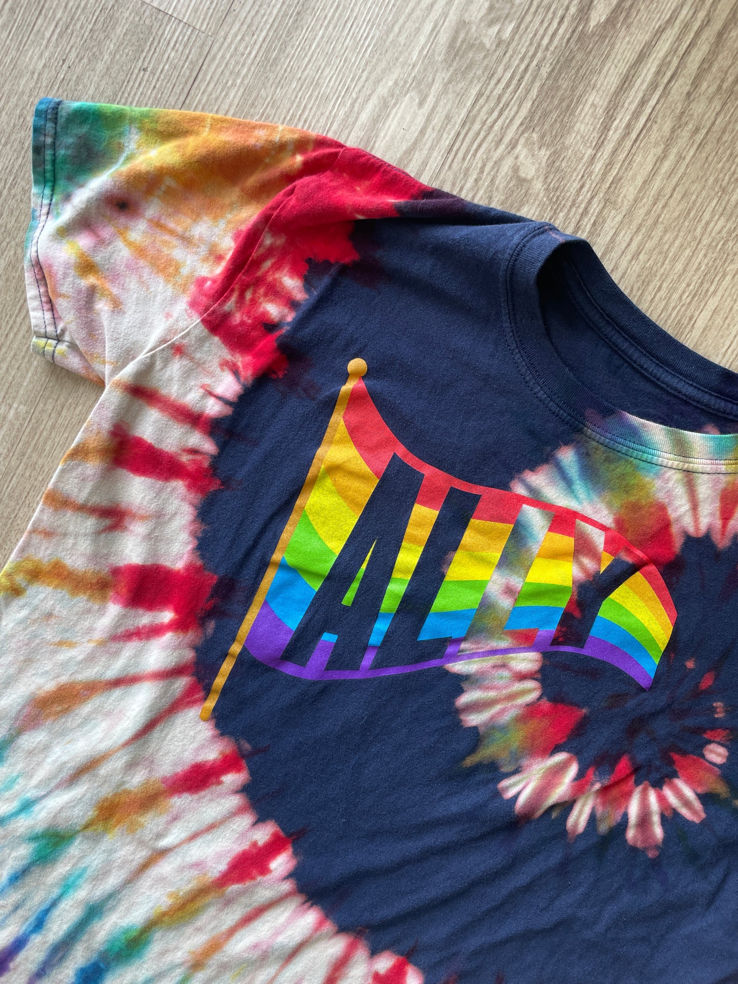 LARGE Women's LGBQ+ Pride Flag ALLY Handmade Reverse Tie Dye T-Shirt | One-Of-a-Kind Navy Blue and Rainbow Short Sleeve