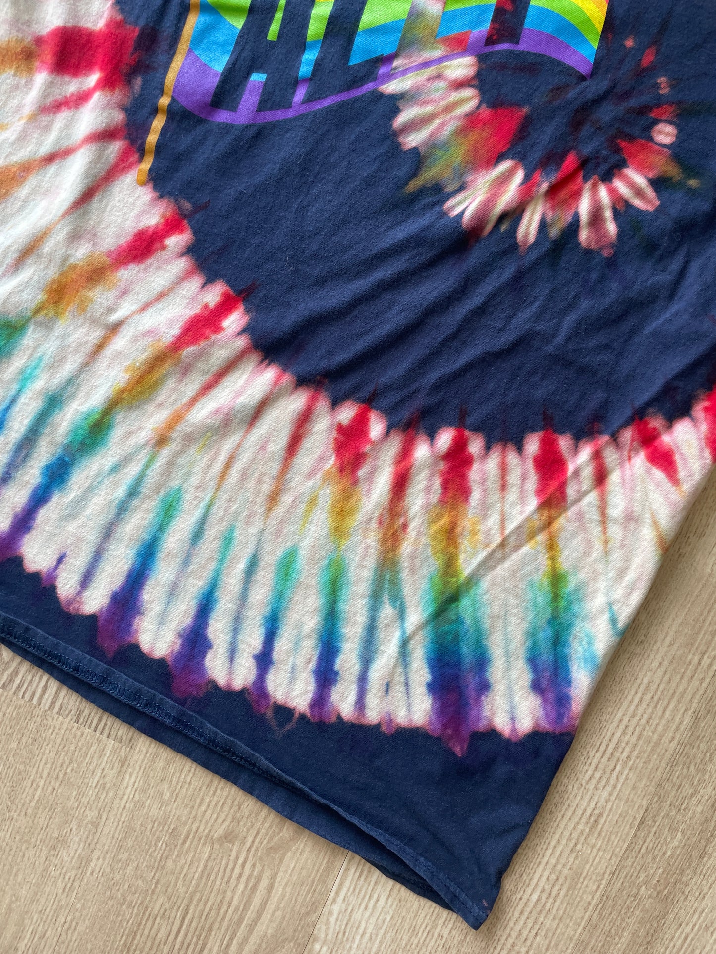 LARGE Women's LGBQ+ Pride Flag ALLY Handmade Reverse Tie Dye T-Shirt | One-Of-a-Kind Navy Blue and Rainbow Short Sleeve