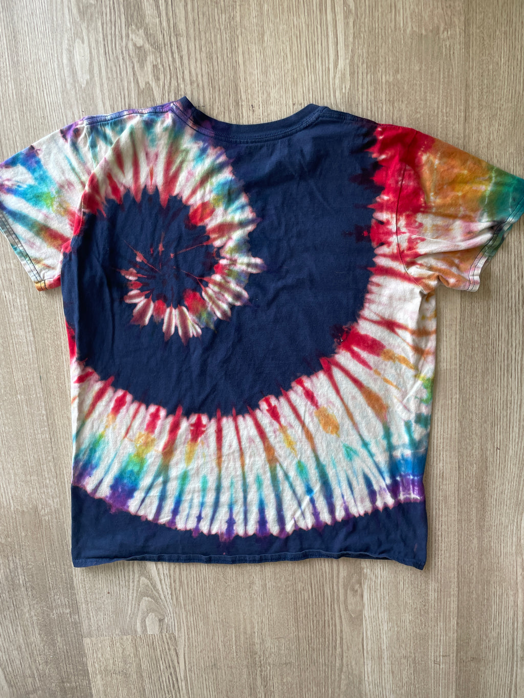 LARGE Women's LGBQ+ Pride Flag ALLY Handmade Reverse Tie Dye T-Shirt | One-Of-a-Kind Navy Blue and Rainbow Short Sleeve