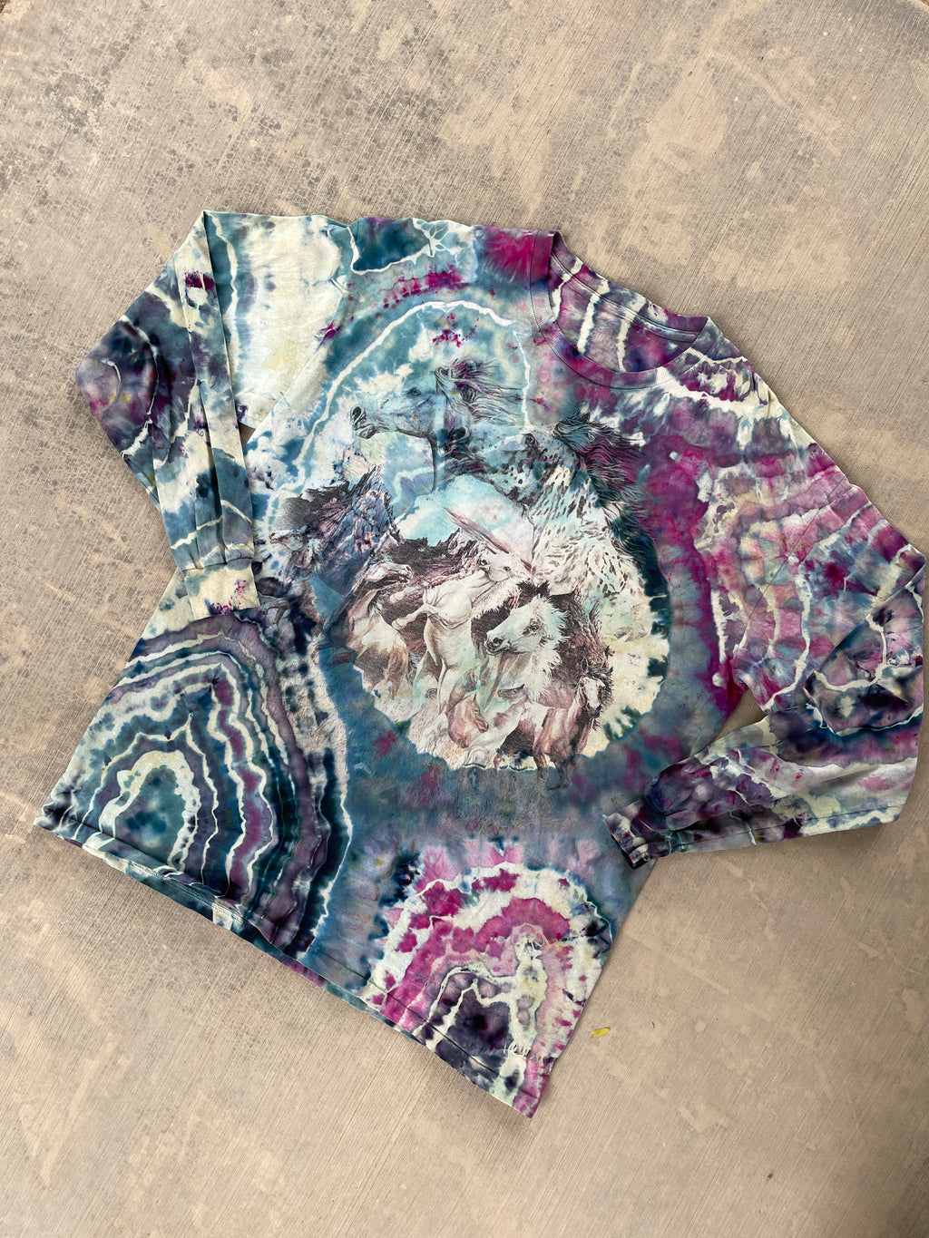 Wild Horse Stampede Teal & Pink Geode Tie Dye T-Shirt | Men's Large, Long Sleeve