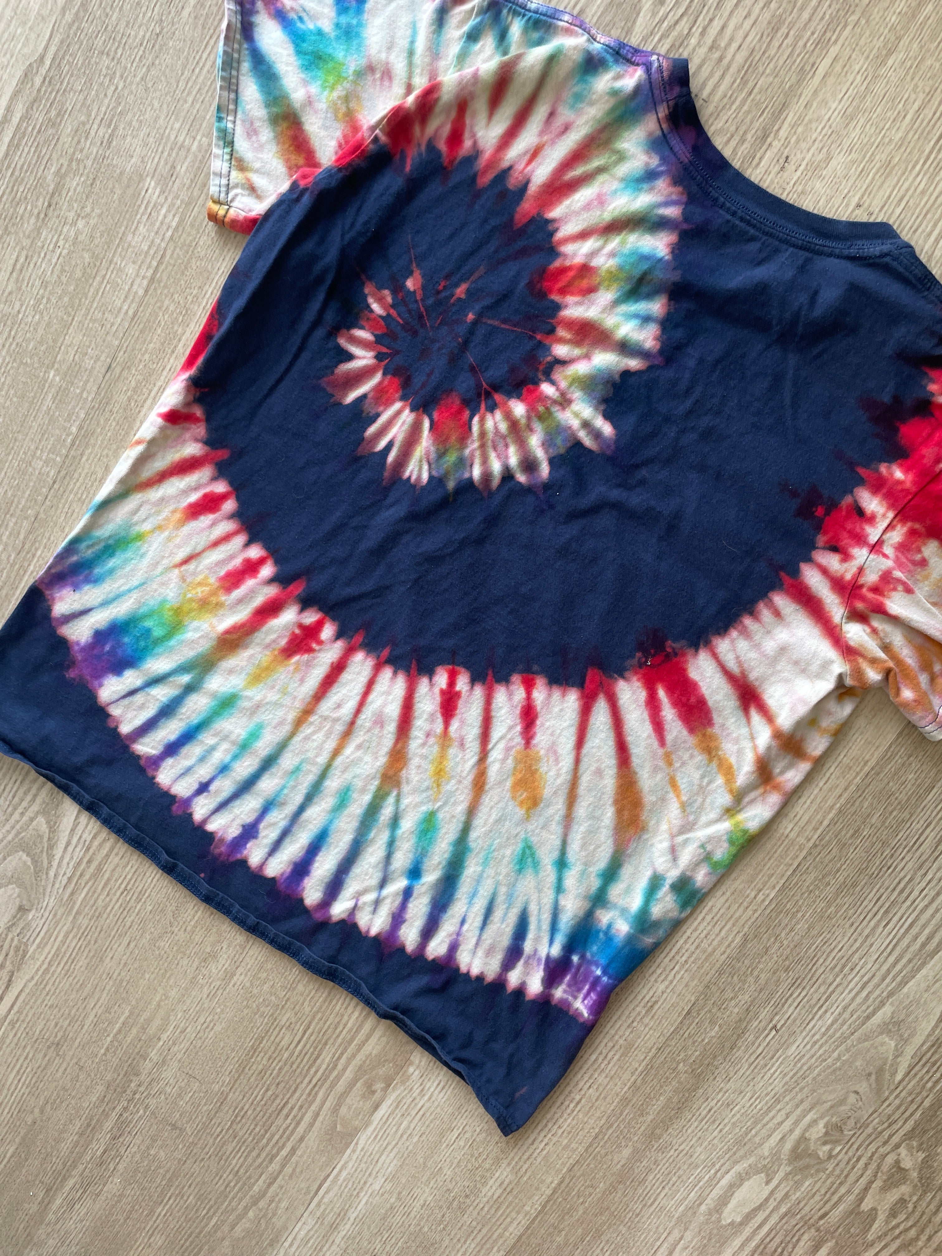 LARGE Women's LGBQ+ Pride Flag ALLY Handmade Reverse Tie Dye T-Shirt | One-Of-a-Kind Navy Blue and Rainbow Short Sleeve