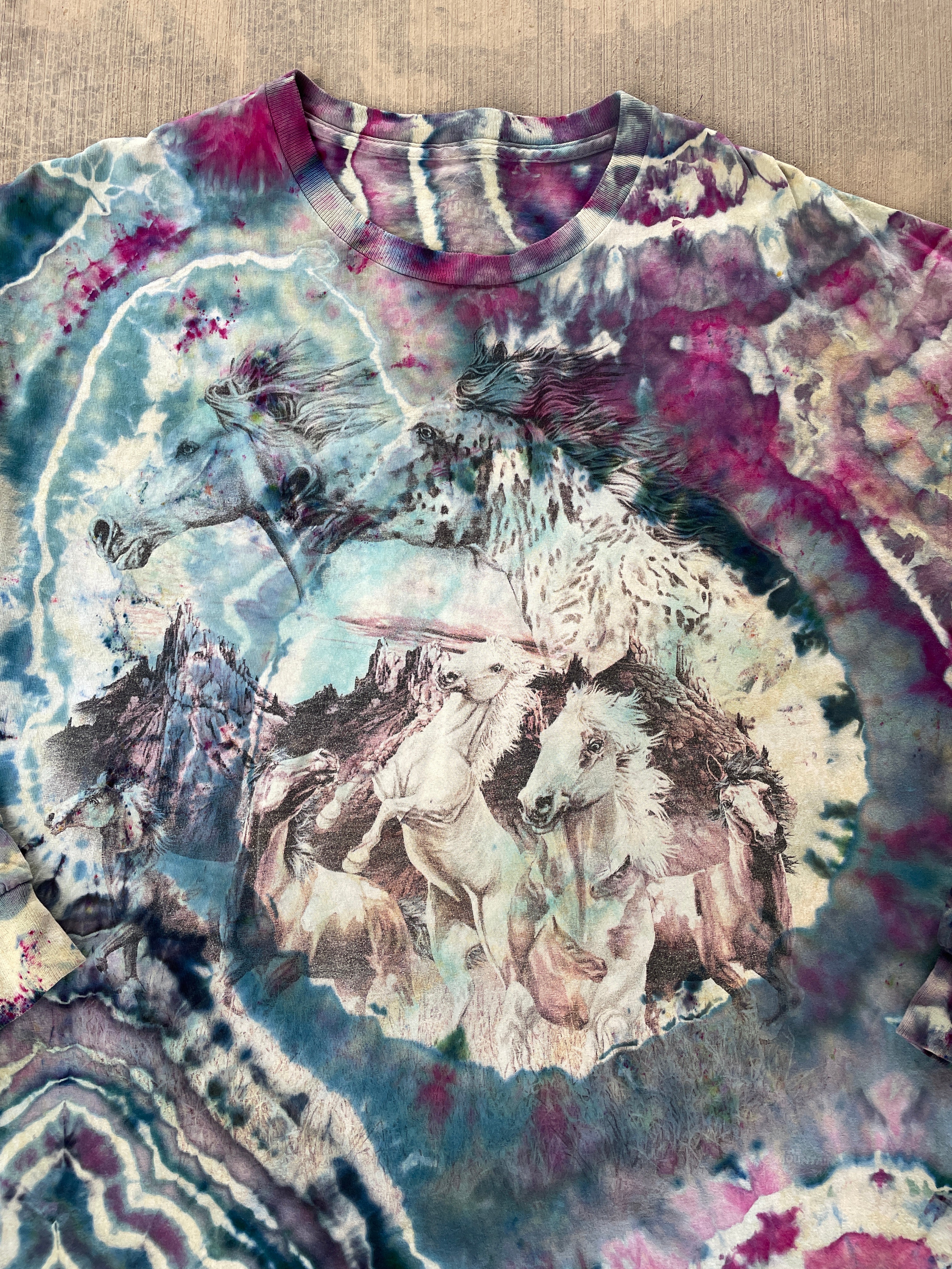 Wild Horse Stampede Teal & Pink Geode Tie Dye T-Shirt | Men's Large, Long Sleeve