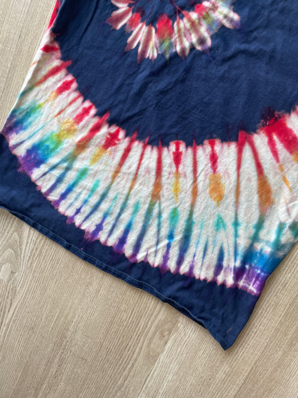 LARGE Women's LGBQ+ Pride Flag ALLY Handmade Reverse Tie Dye T-Shirt | One-Of-a-Kind Navy Blue and Rainbow Short Sleeve