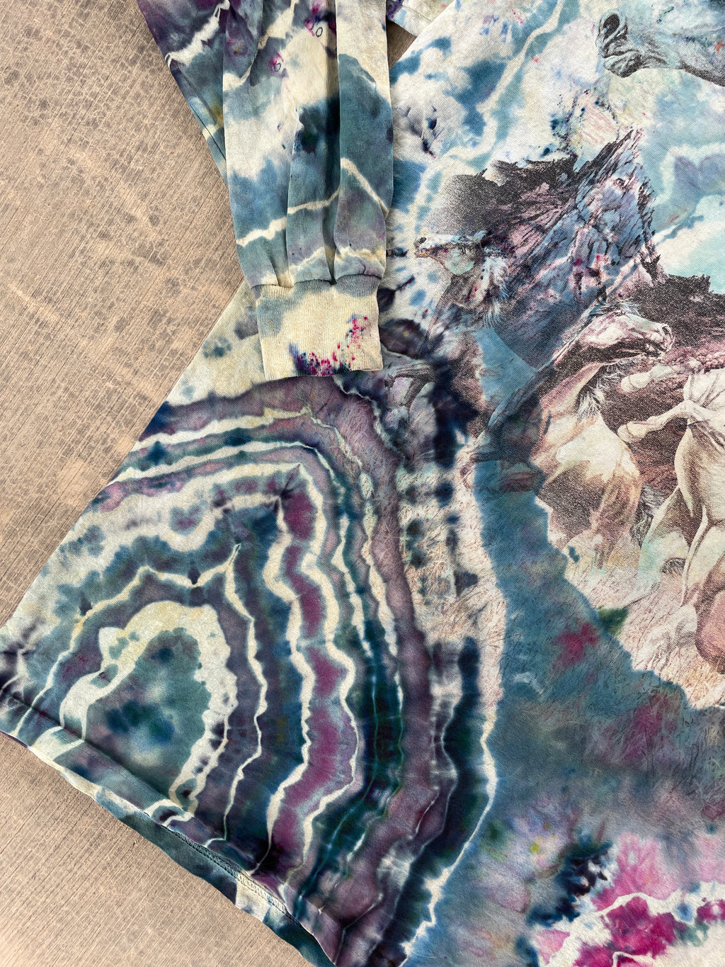 Wild Horse Stampede Teal & Pink Geode Tie Dye T-Shirt | Men's Large, Long Sleeve