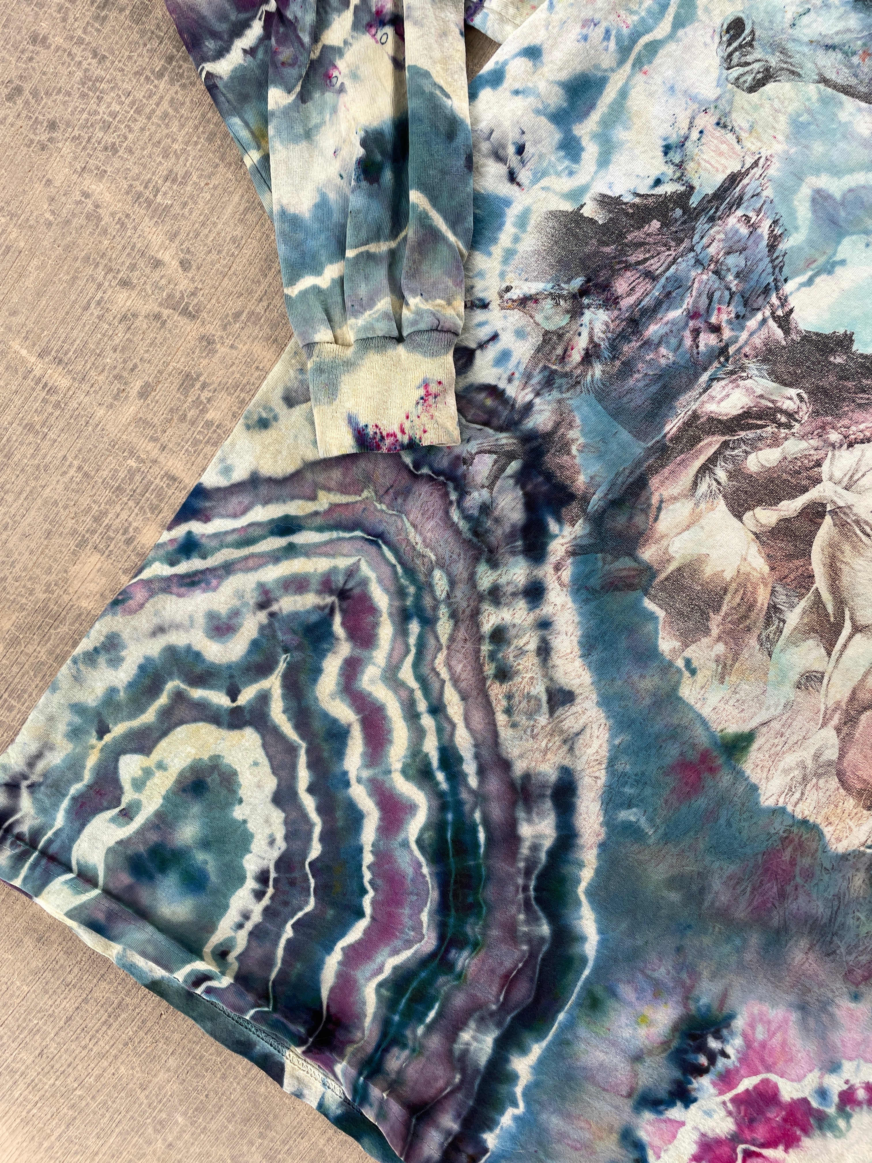 Wild Horse Stampede Teal & Pink Geode Tie Dye T-Shirt | Men's Large, Long Sleeve