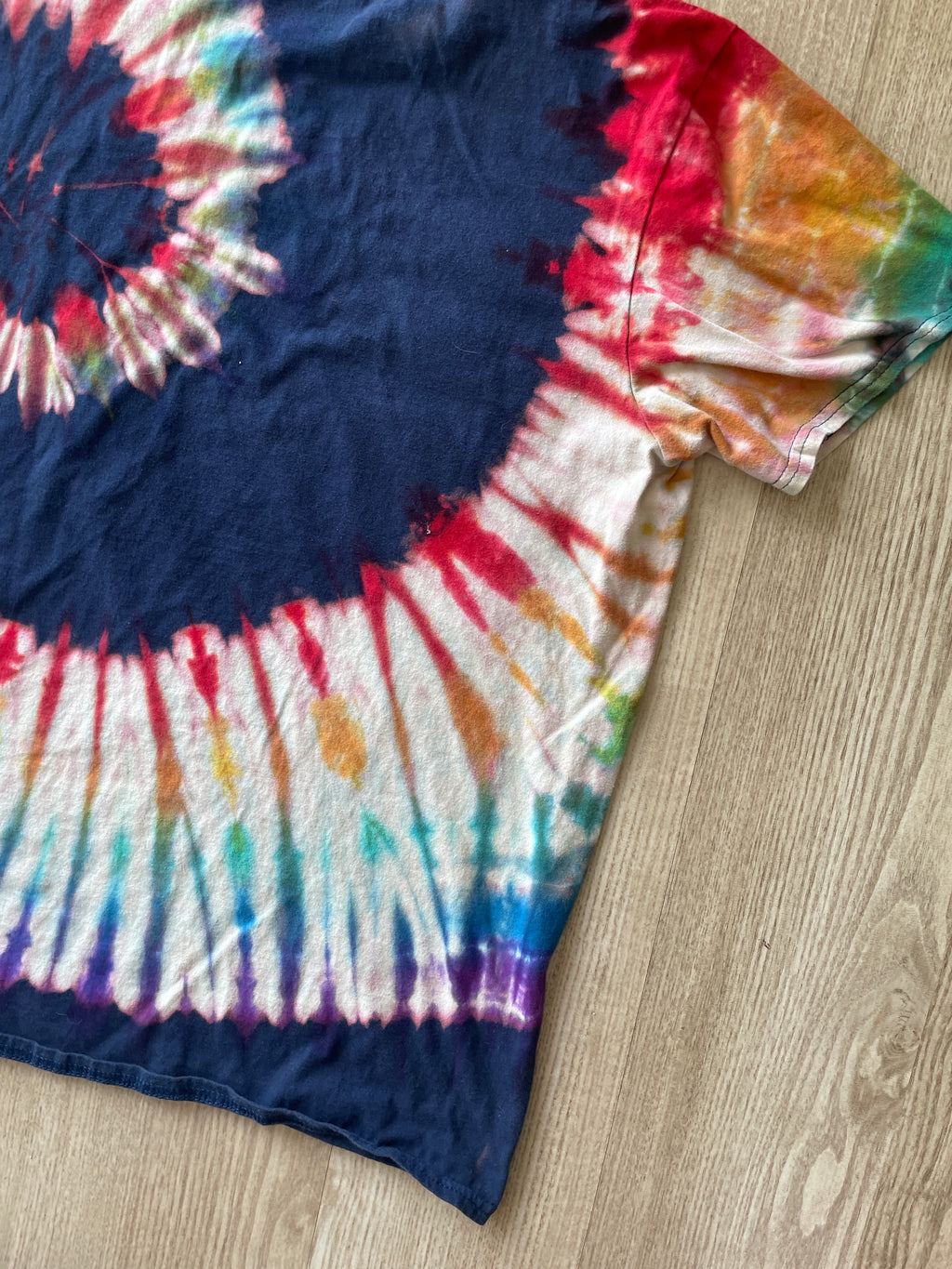 LARGE Women's LGBQ+ Pride Flag ALLY Handmade Reverse Tie Dye T-Shirt | One-Of-a-Kind Navy Blue and Rainbow Short Sleeve