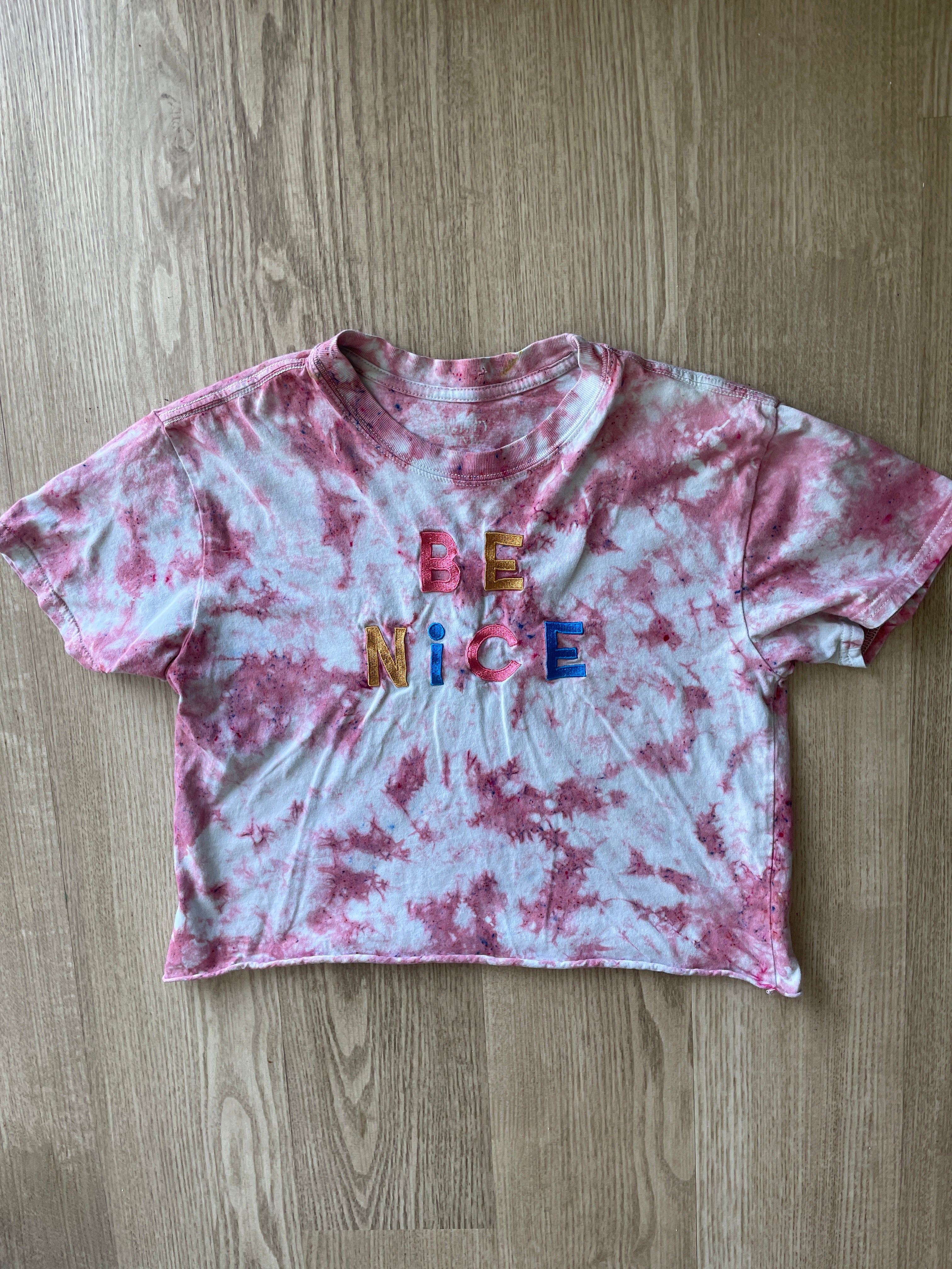 XS/S Women’s BE NICE Handmade Tie Dye Cropped T-Shirt | One-Of-a-Kind Pastel Pink Short Sleeve Crop Top