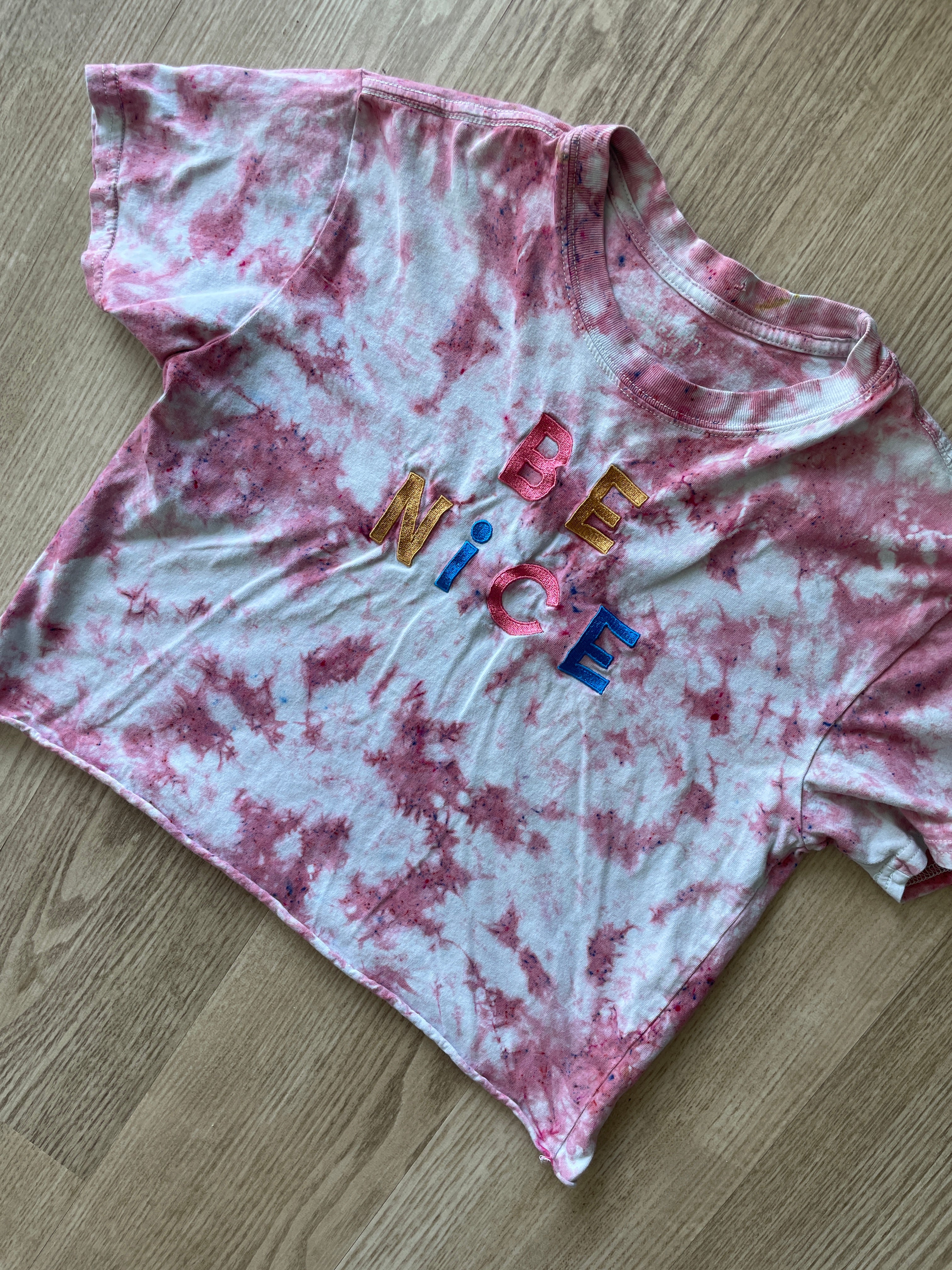 XS/S Women’s BE NICE Handmade Tie Dye Cropped T-Shirt | One-Of-a-Kind Pastel Pink Short Sleeve Crop Top