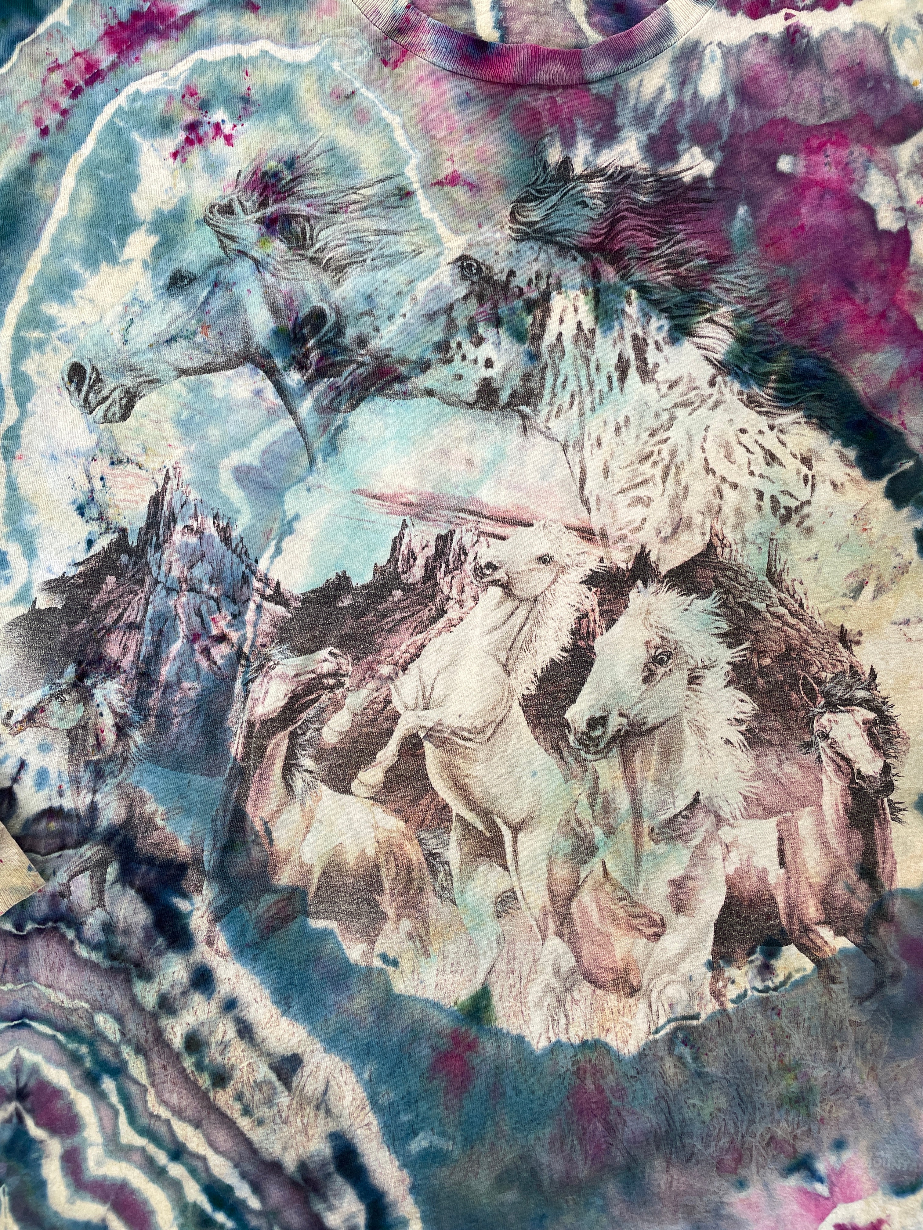 Wild Horse Stampede Teal & Pink Geode Tie Dye T-Shirt | Men's Large, Long Sleeve