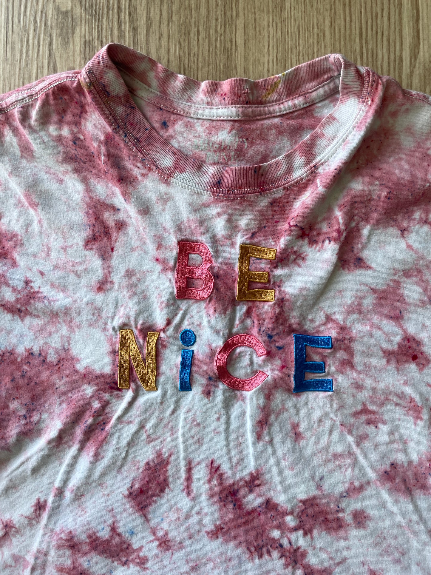 XS/S Women’s BE NICE Handmade Tie Dye Cropped T-Shirt | One-Of-a-Kind Pastel Pink Short Sleeve Crop Top