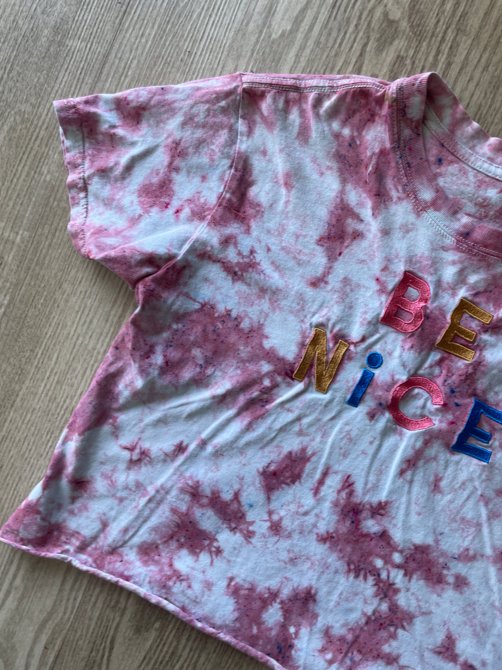 XS/S Women’s BE NICE Handmade Tie Dye Cropped T-Shirt | One-Of-a-Kind Pastel Pink Short Sleeve Crop Top