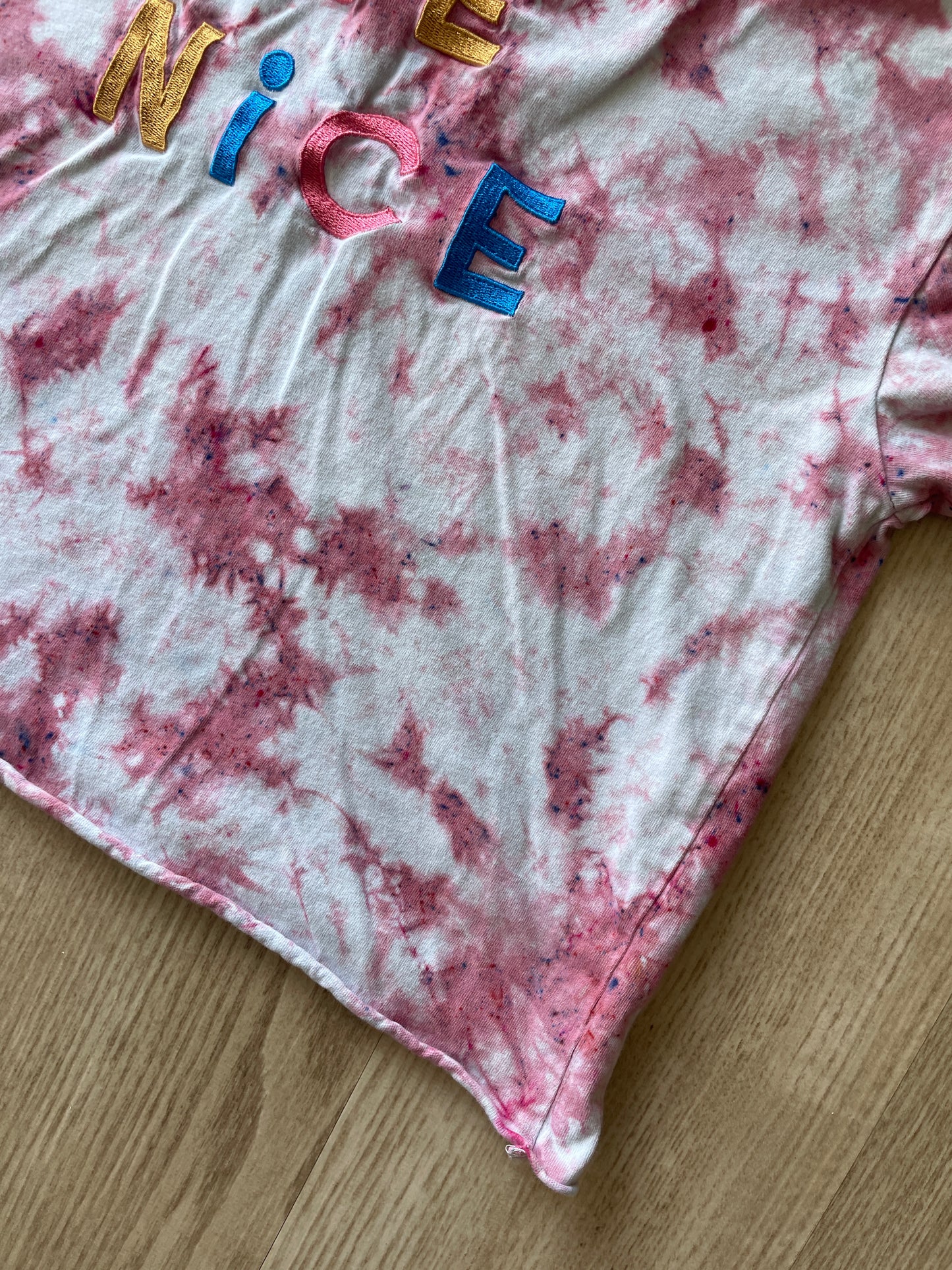 XS/S Women’s BE NICE Handmade Tie Dye Cropped T-Shirt | One-Of-a-Kind Pastel Pink Short Sleeve Crop Top