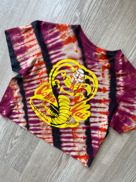 MEDIUM Unisex Cobra Kai Handmade Reverse Tie Dye Cropped T-Shirt | Black, Burgundy, and Orange Pleated Short Sleeve Crop Top