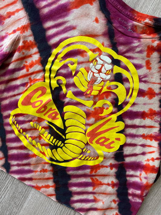 MEDIUM Unisex Cobra Kai Handmade Reverse Tie Dye Cropped T-Shirt | Black, Burgundy, and Orange Pleated Short Sleeve Crop Top
