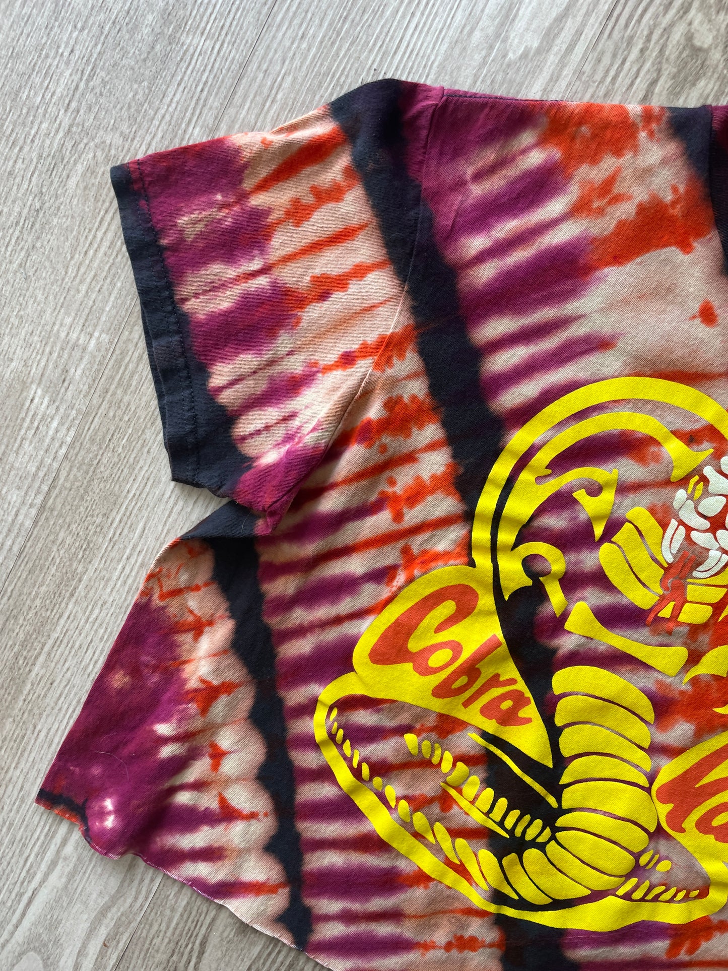 MEDIUM Unisex Cobra Kai Handmade Reverse Tie Dye Cropped T-Shirt | Black, Burgundy, and Orange Pleated Short Sleeve Crop Top