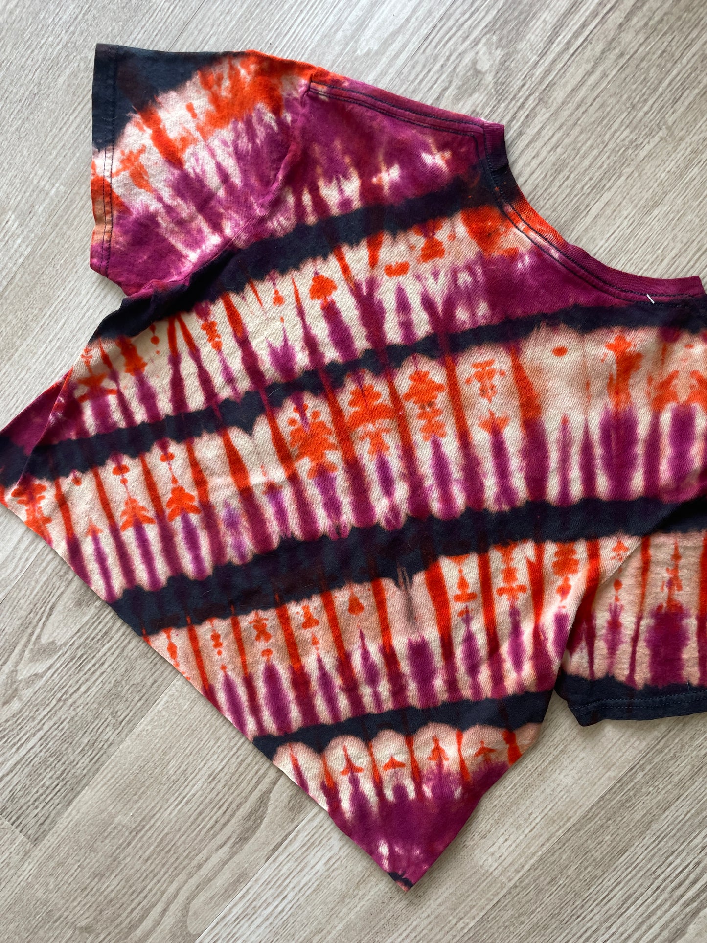 MEDIUM Unisex Cobra Kai Handmade Reverse Tie Dye Cropped T-Shirt | Black, Burgundy, and Orange Pleated Short Sleeve Crop Top
