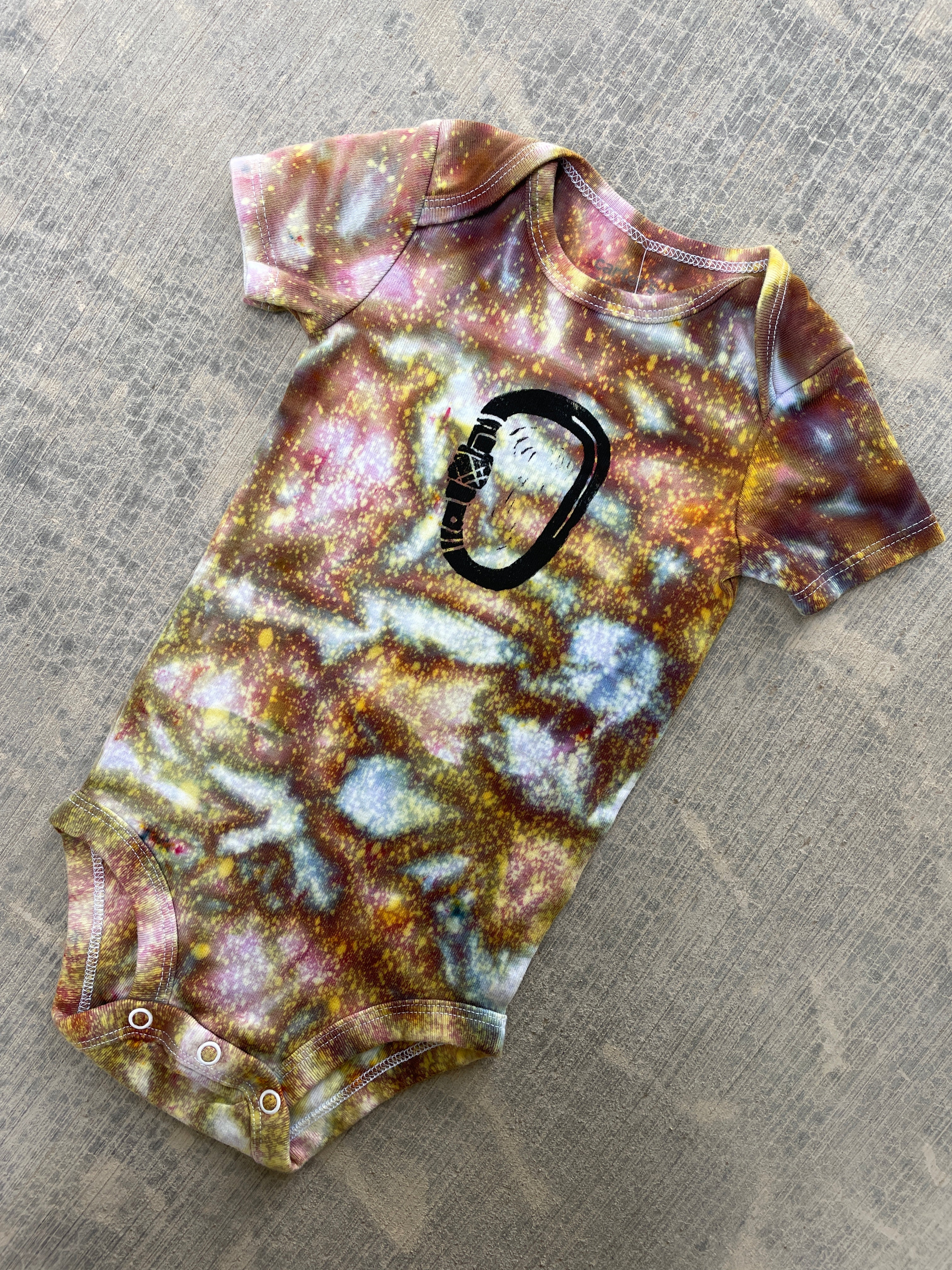 12 MO Yellow and Blue Climbing Carabiner Galaxy Dye Short Sleeve Baby Onesie