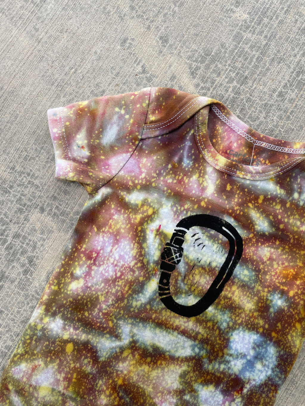 12 MO Yellow and Blue Climbing Carabiner Galaxy Dye Short Sleeve Baby Onesie