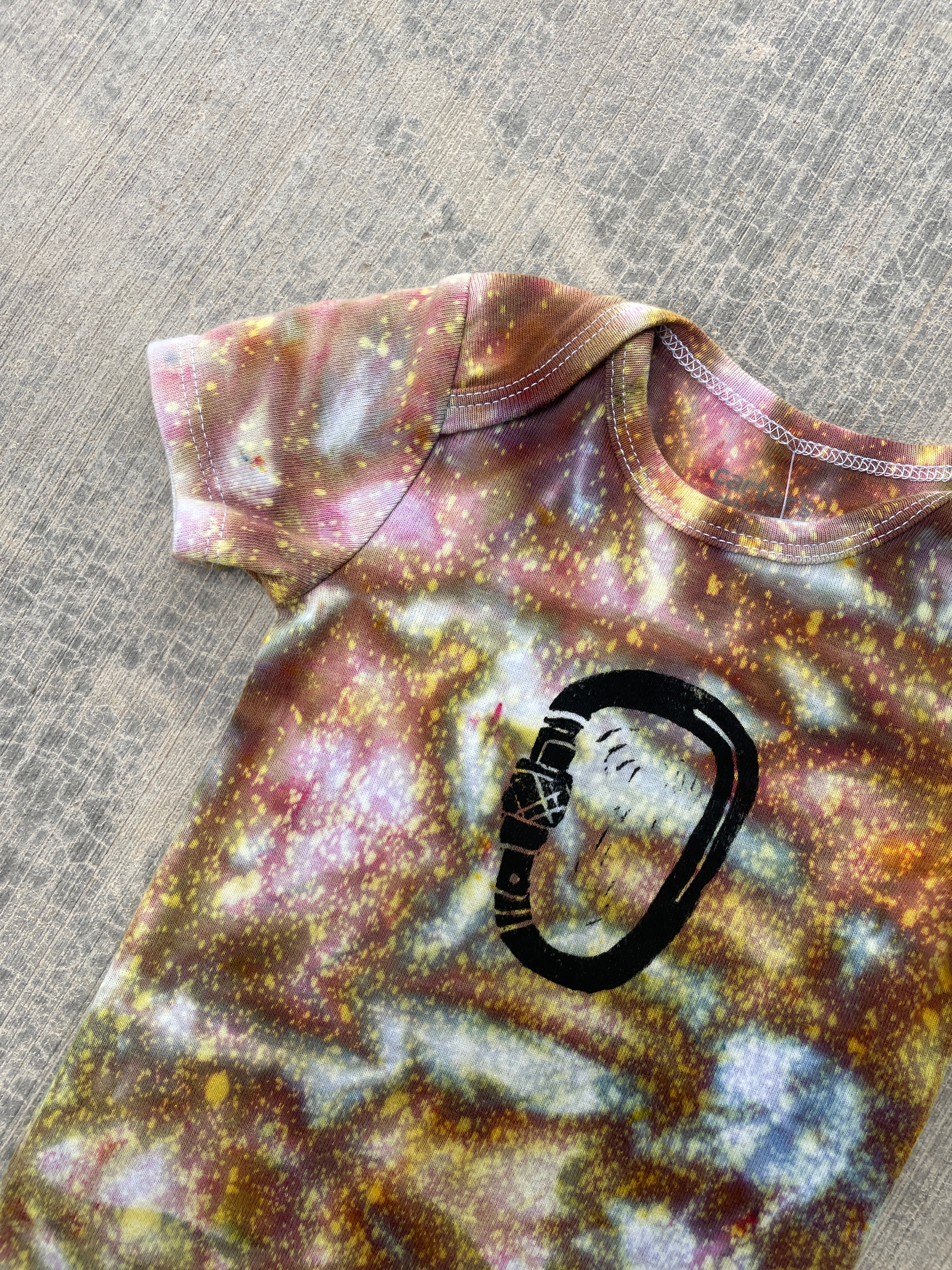 12 MO Yellow and Blue Climbing Carabiner Galaxy Dye Short Sleeve Baby Onesie