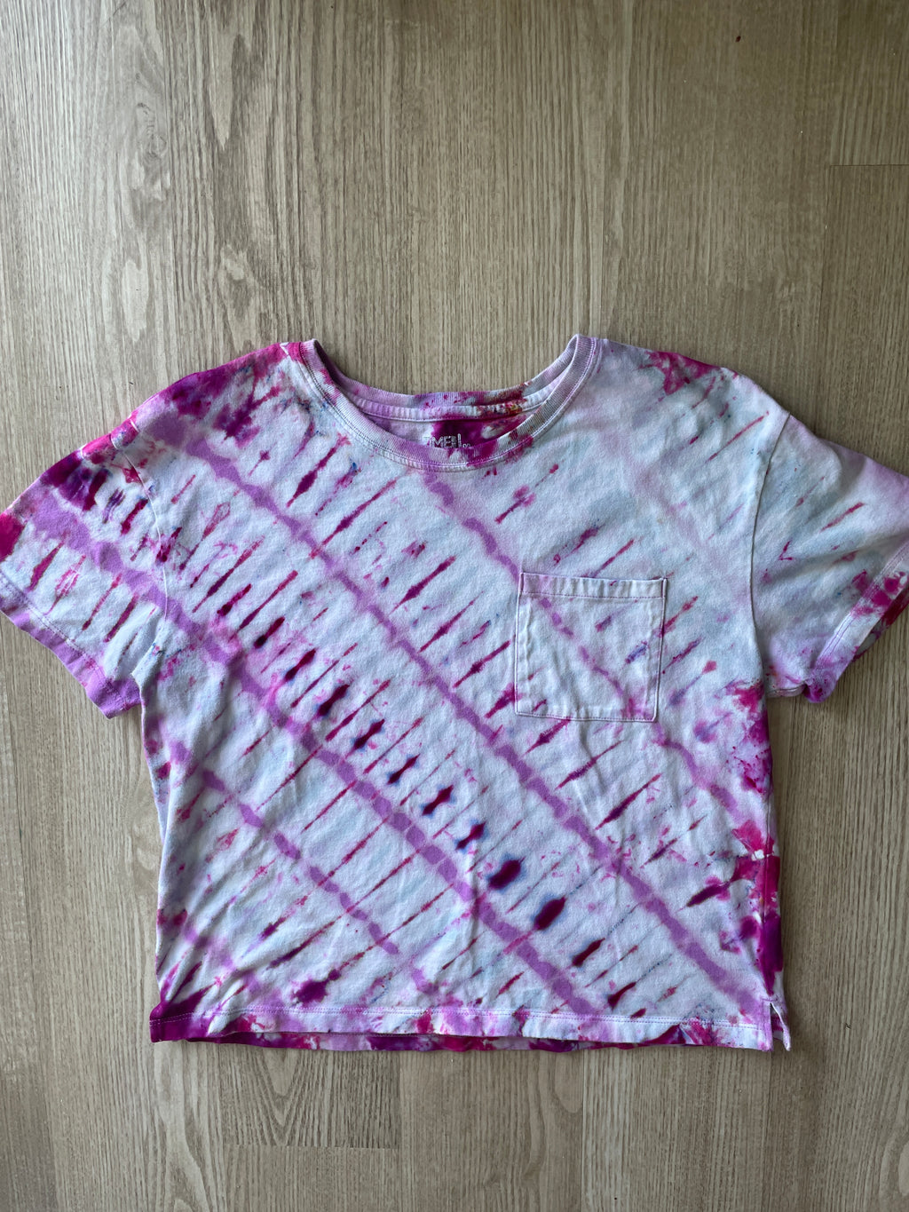 MEDIUM Men’s Handmade Tie Dye Cropped T-Shirt with Breast Pocket | One-Of-a-Kind Pink and White Short Sleeve Crop Top