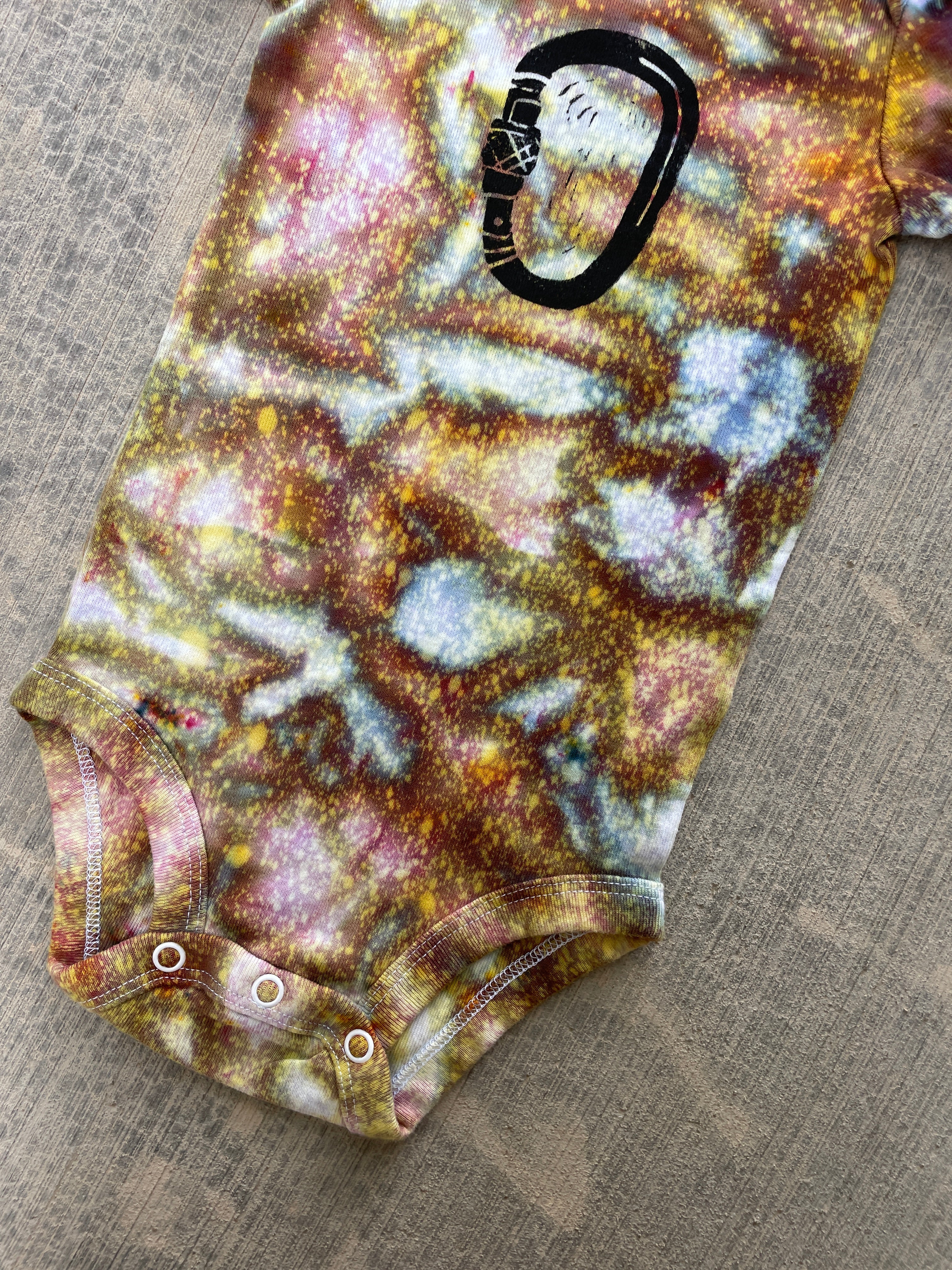 12 MO Yellow and Blue Climbing Carabiner Galaxy Dye Short Sleeve Baby Onesie