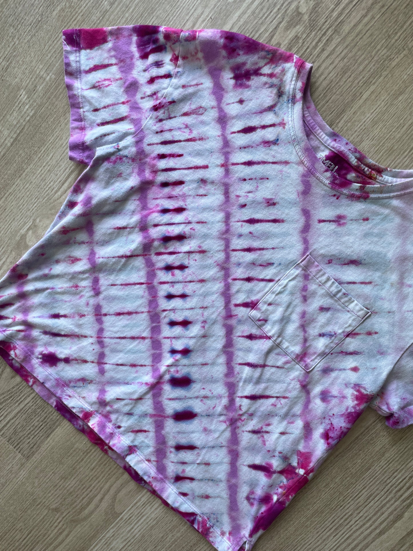 MEDIUM Men’s Handmade Tie Dye Cropped T-Shirt with Breast Pocket | One-Of-a-Kind Pink and White Short Sleeve Crop Top
