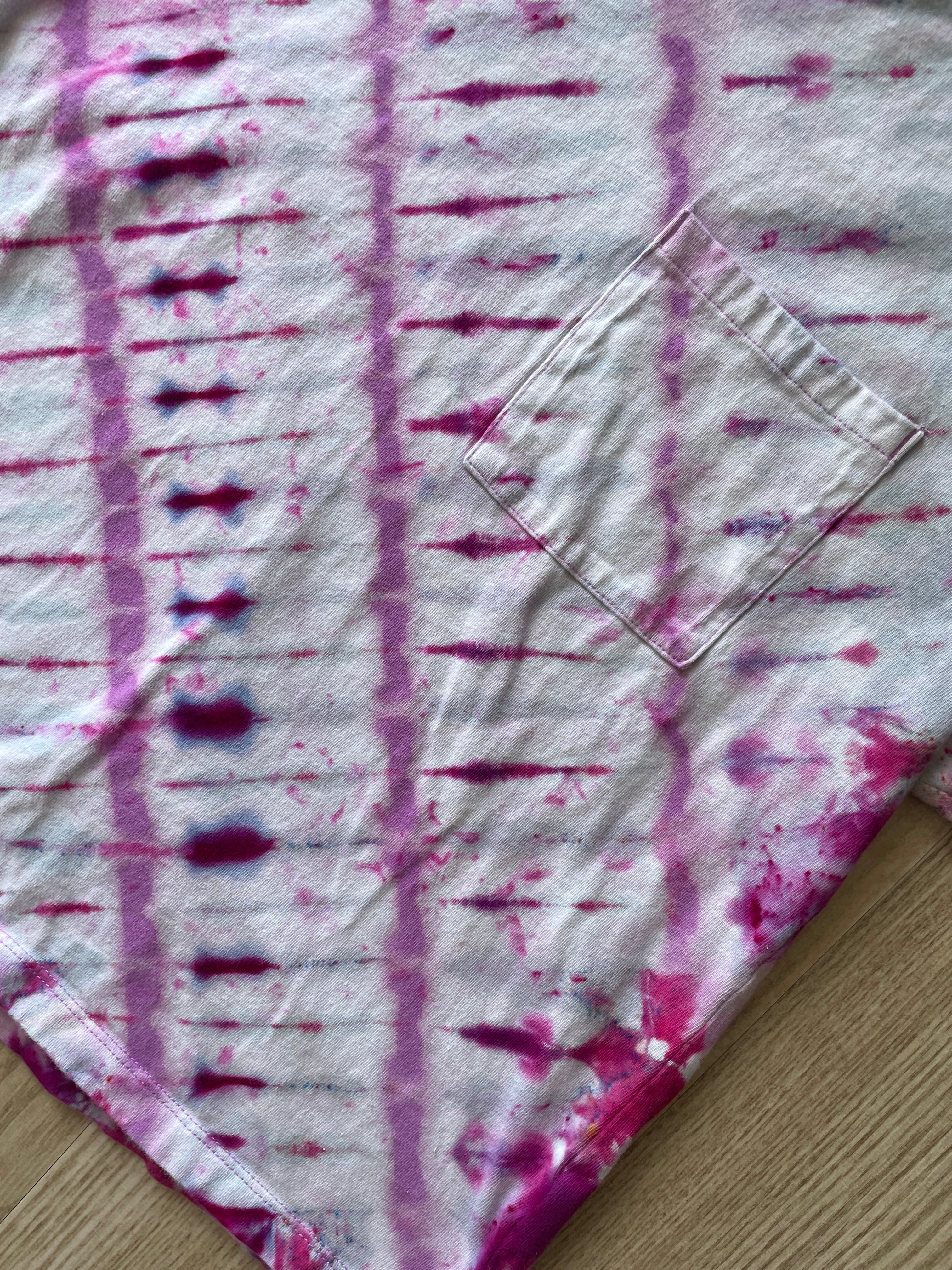 MEDIUM Men’s Handmade Tie Dye Cropped T-Shirt with Breast Pocket | One-Of-a-Kind Pink and White Short Sleeve Crop Top