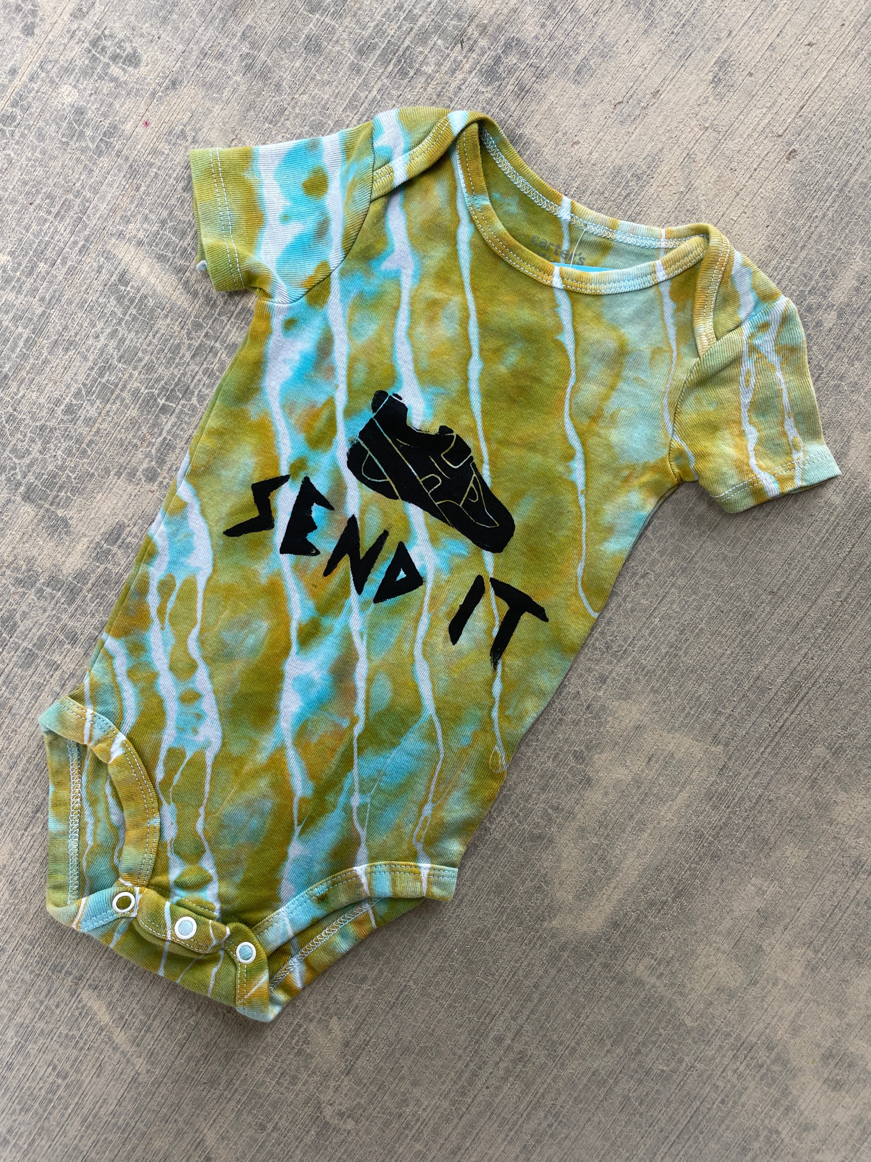 6-9 MO Green and Blue Send It Climbing Shoe Geode Tie Dye Short Sleeve Baby Onesie