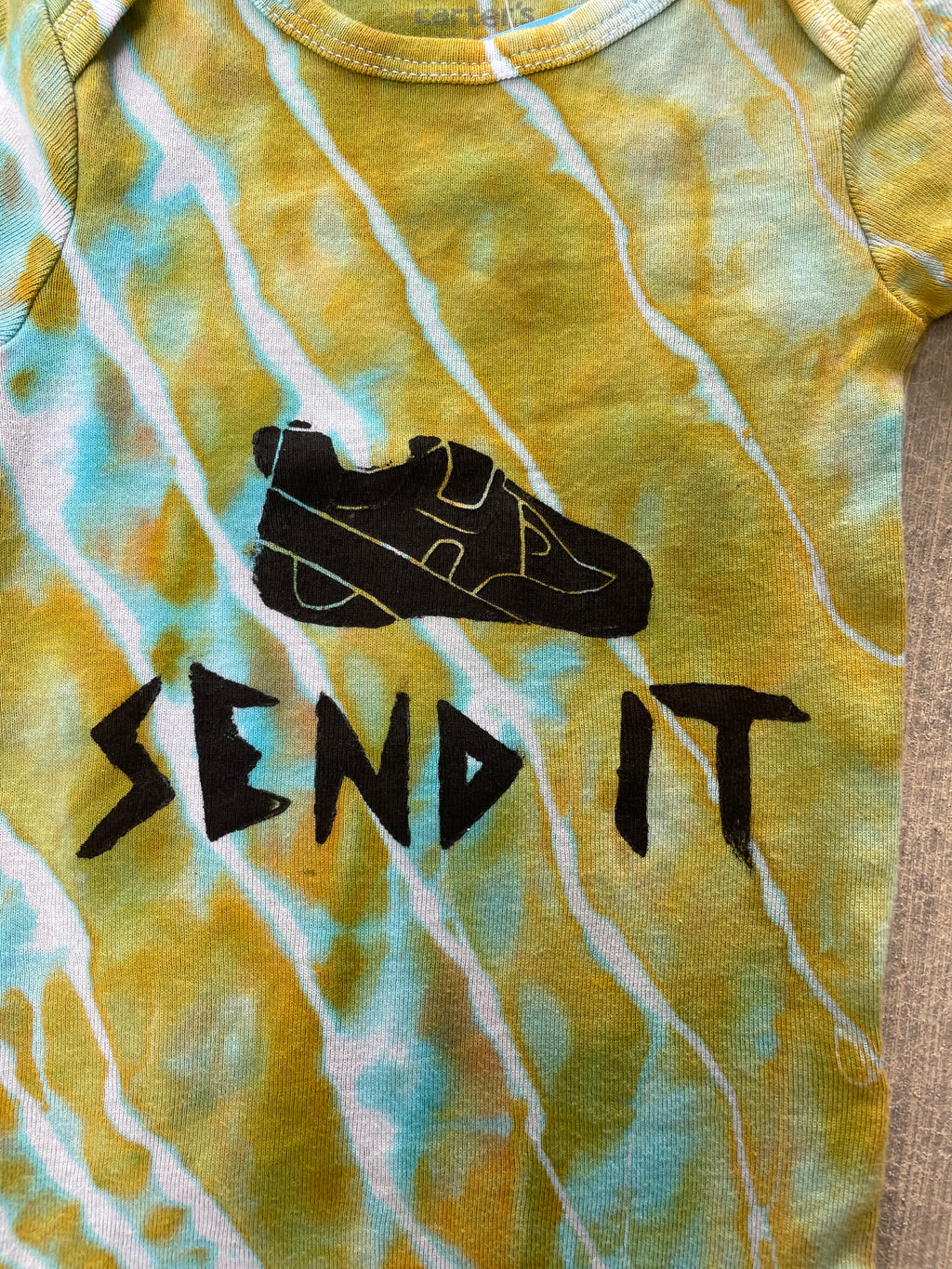 6-9 MO Green and Blue Send It Climbing Shoe Geode Tie Dye Short Sleeve Baby Onesie