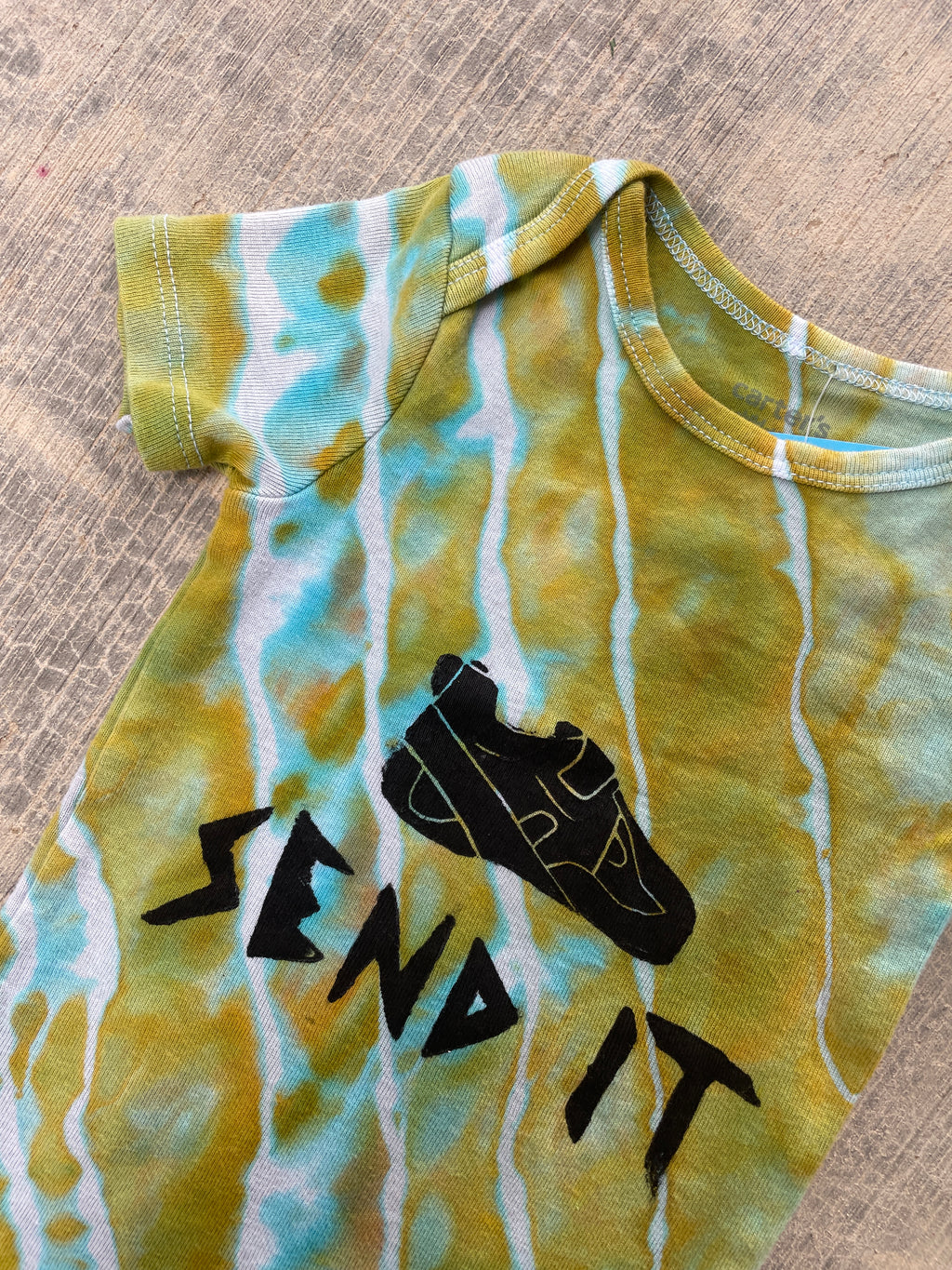 6-9 MO Green and Blue Send It Climbing Shoe Geode Tie Dye Short Sleeve Baby Onesie