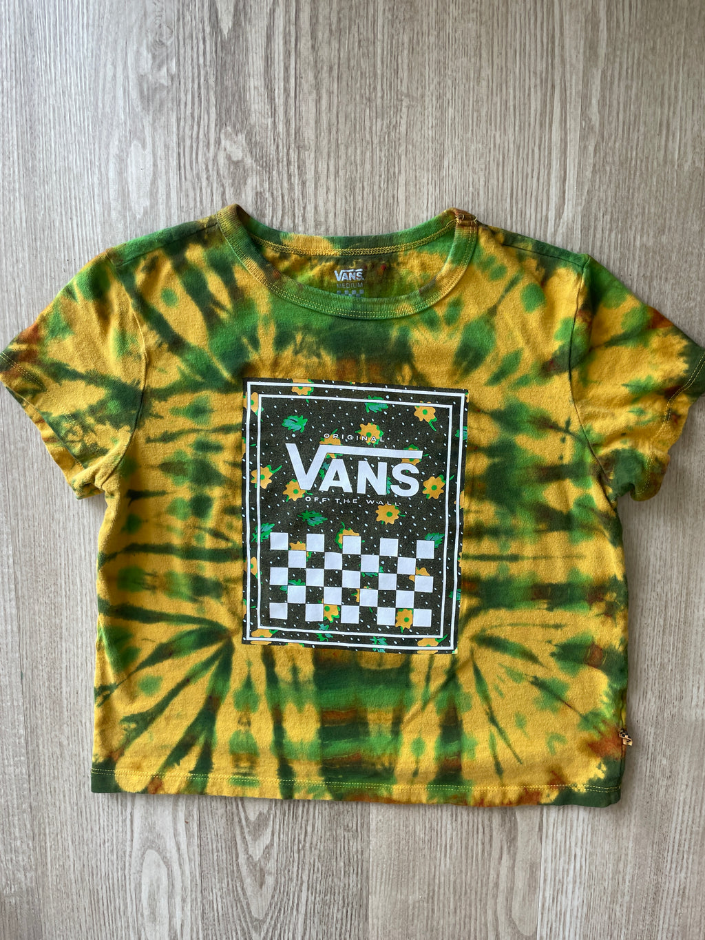 MEDIUM Women’s Vans Floral Print Handmade Tie Dye Crop Top | One-Of-a-Kind Yellow and Green Short Sleeve T-Shirt