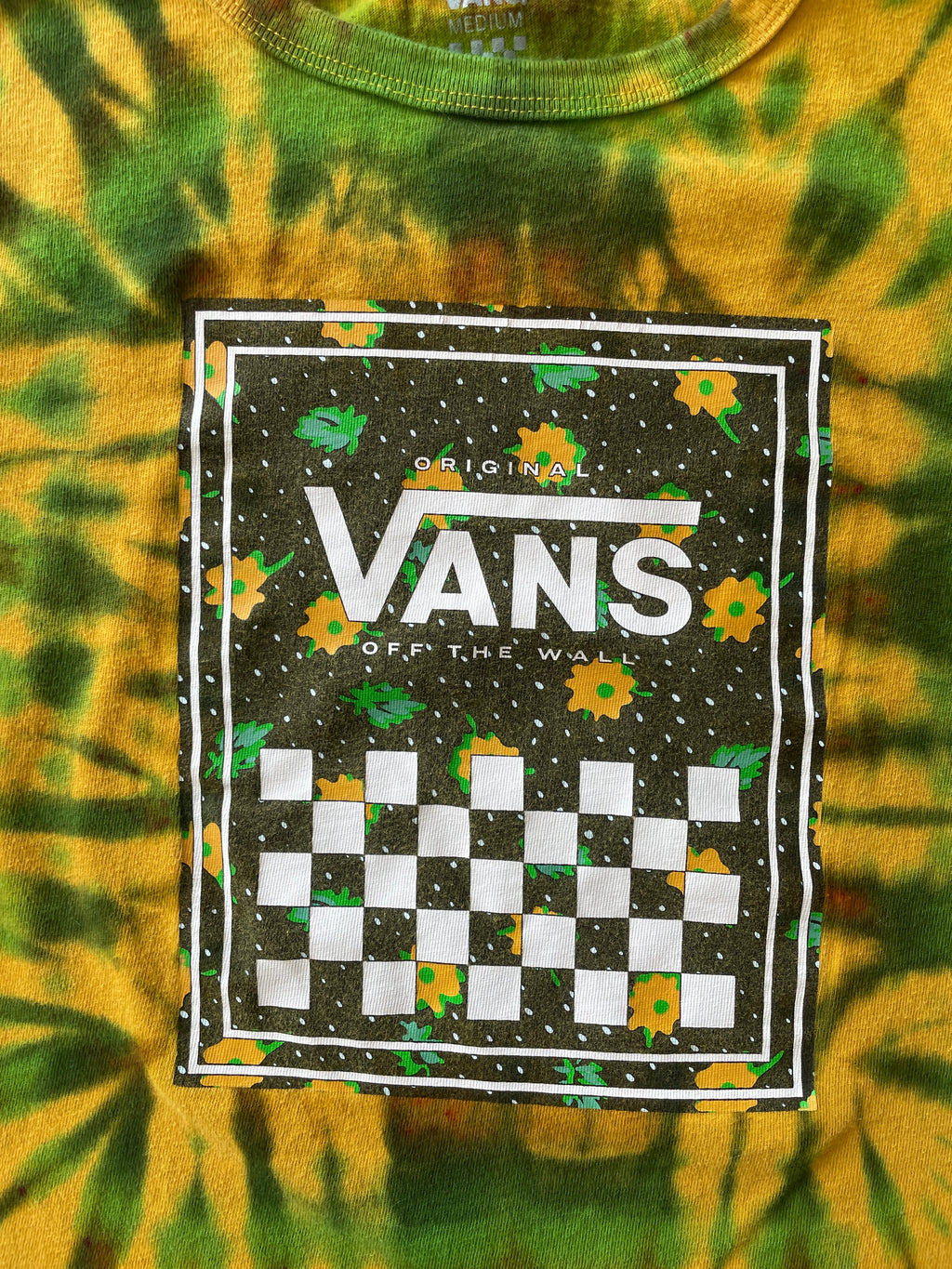 MEDIUM Women’s Vans Floral Print Handmade Tie Dye Crop Top | One-Of-a-Kind Yellow and Green Short Sleeve T-Shirt