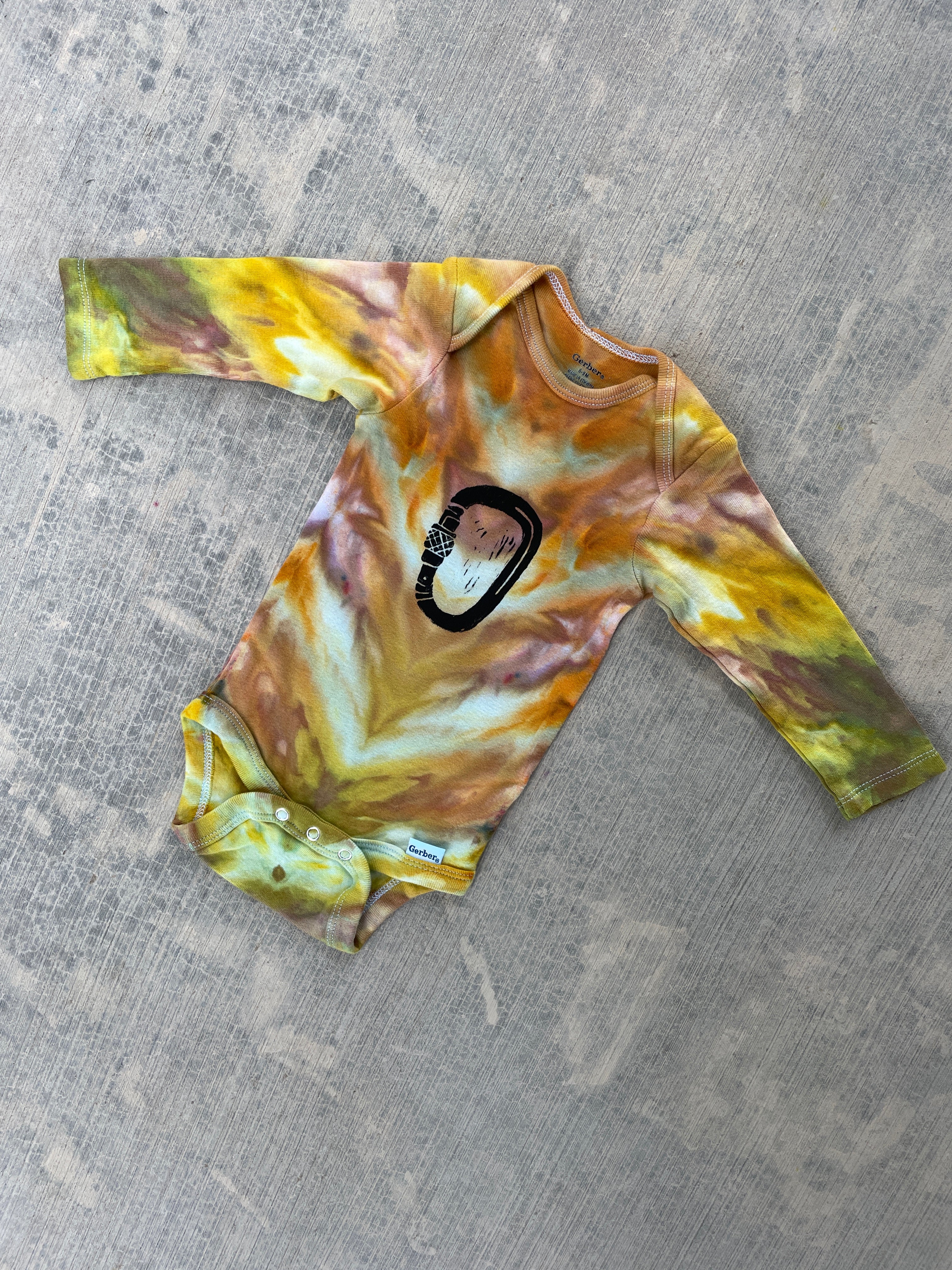 6-9 MO Yellow and Orange Climbing Carabiner Long Sleeve Tie Dye Baby Onesie