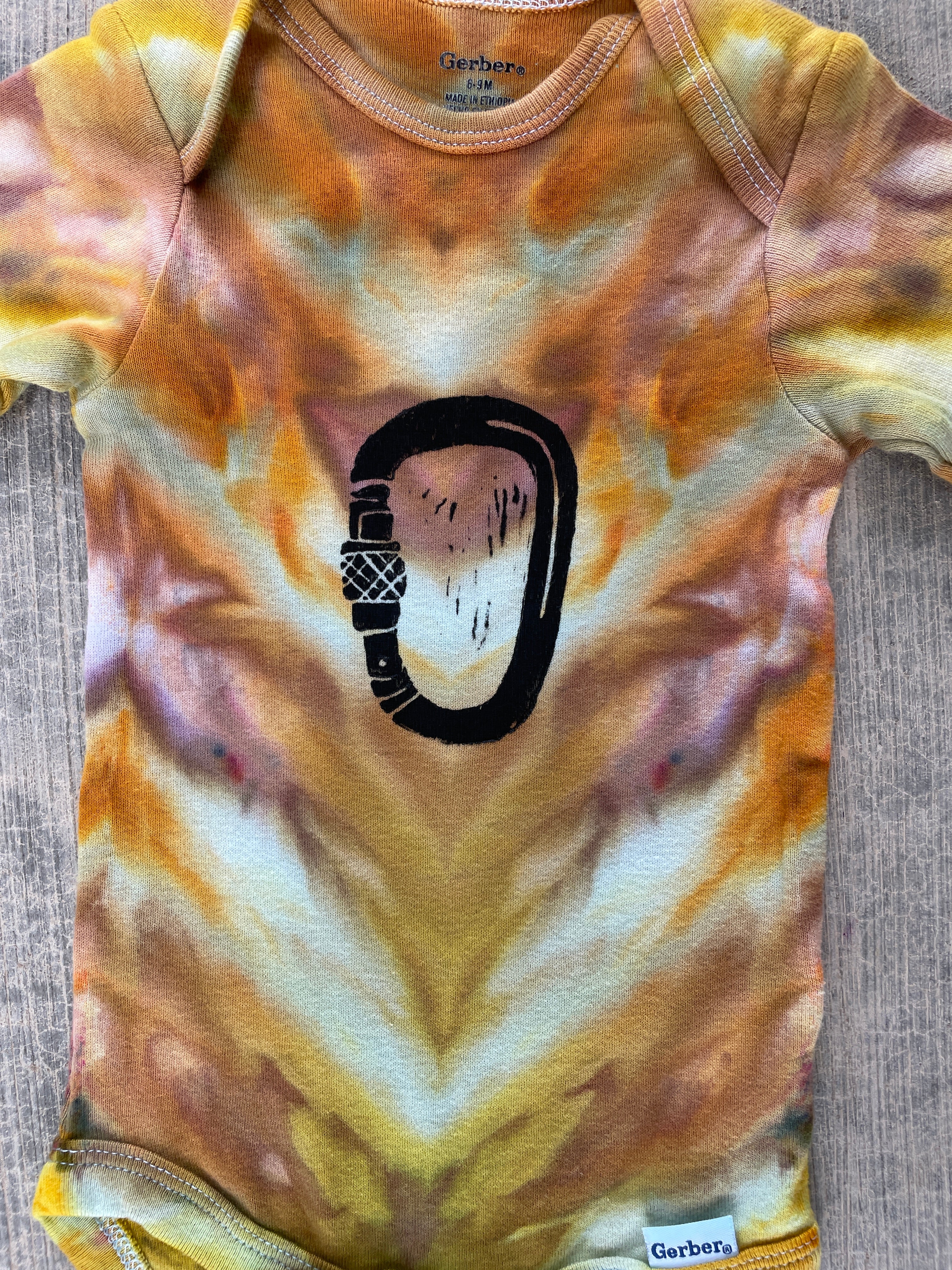 6-9 MO Yellow and Orange Climbing Carabiner Long Sleeve Tie Dye Baby Onesie