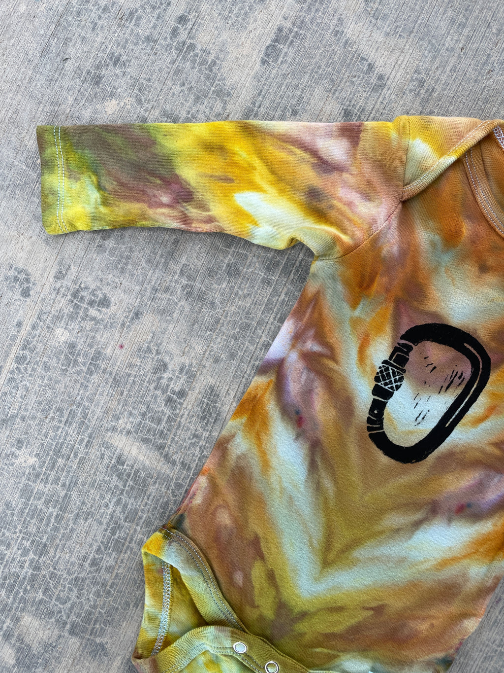 6-9 MO Yellow and Orange Climbing Carabiner Long Sleeve Tie Dye Baby Onesie