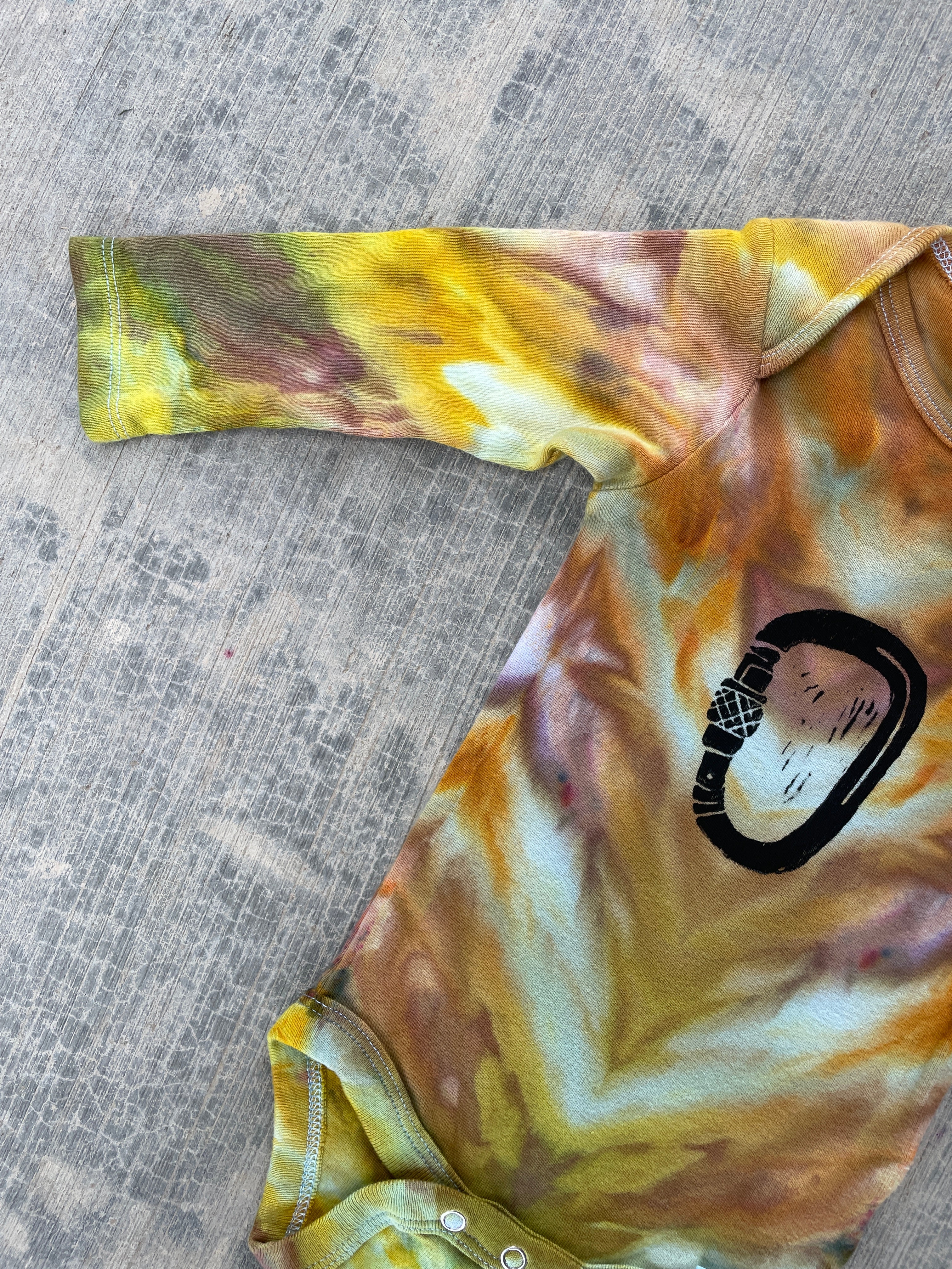 6-9 MO Yellow and Orange Climbing Carabiner Long Sleeve Tie Dye Baby Onesie