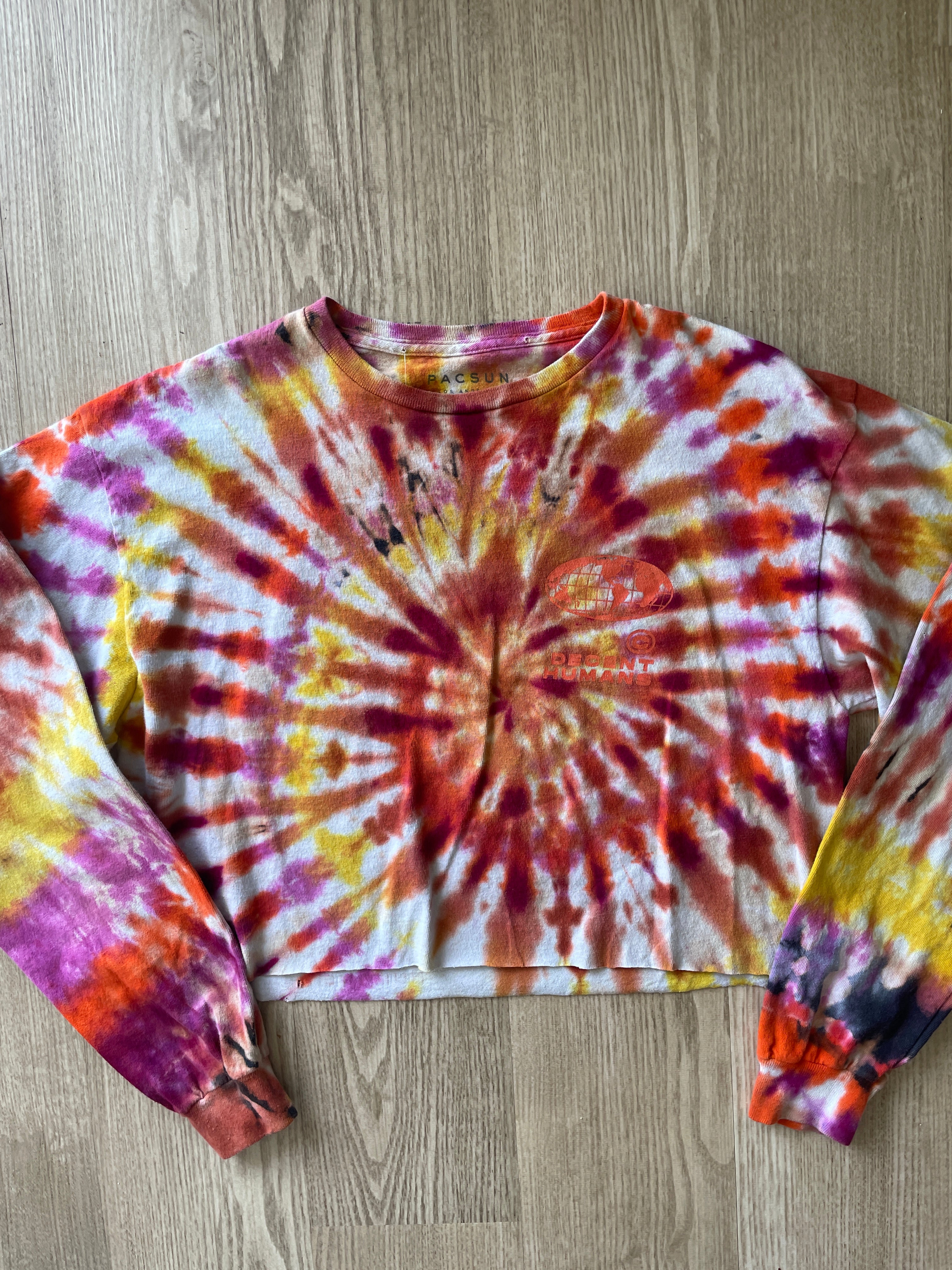 LARGE Men’s Decent Humans Choose Love Handmade Tie Dye T-Shirt | Pink and Orange Long Sleeve Tee