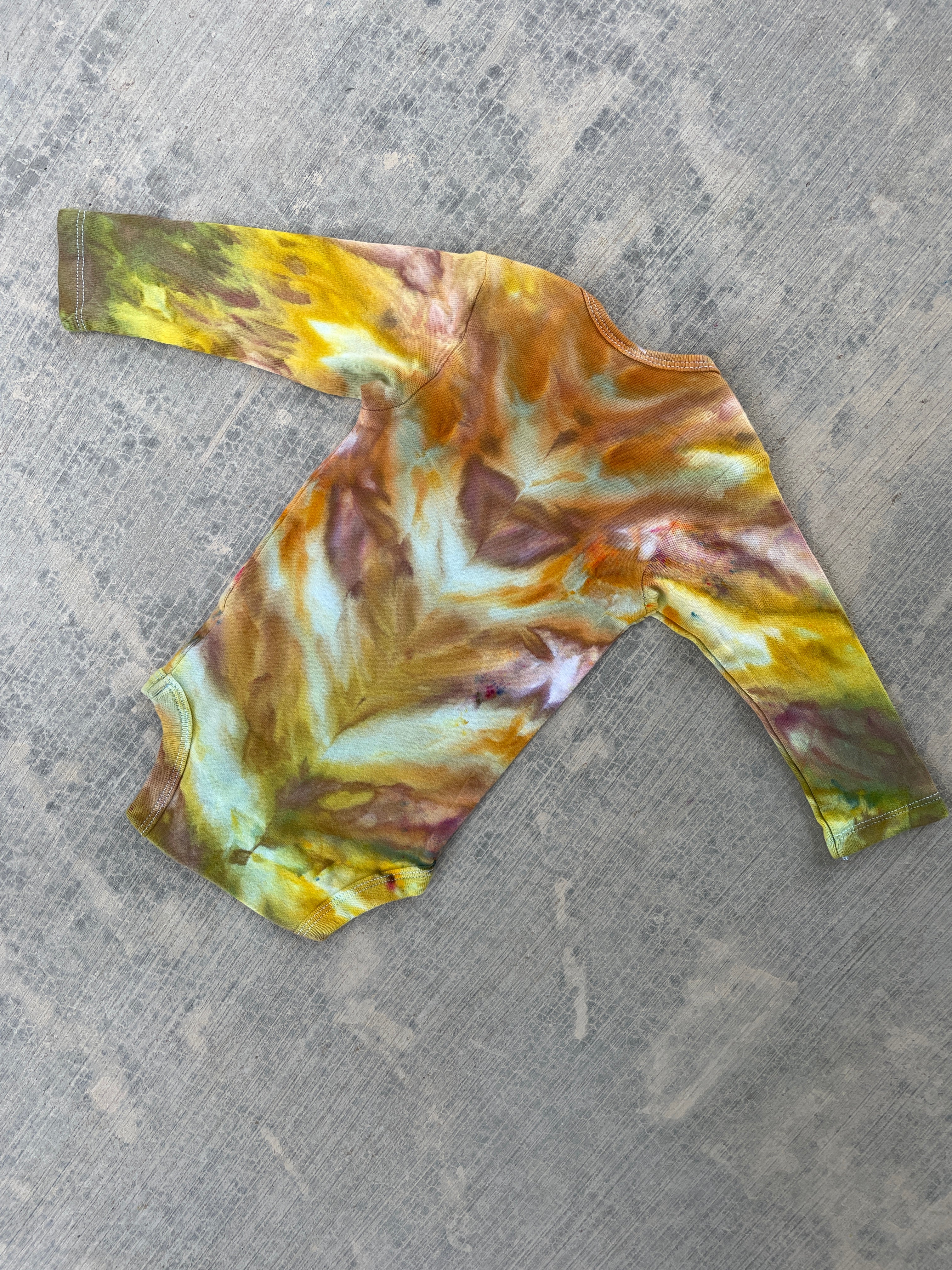6-9 MO Yellow and Orange Climbing Carabiner Long Sleeve Tie Dye Baby Onesie