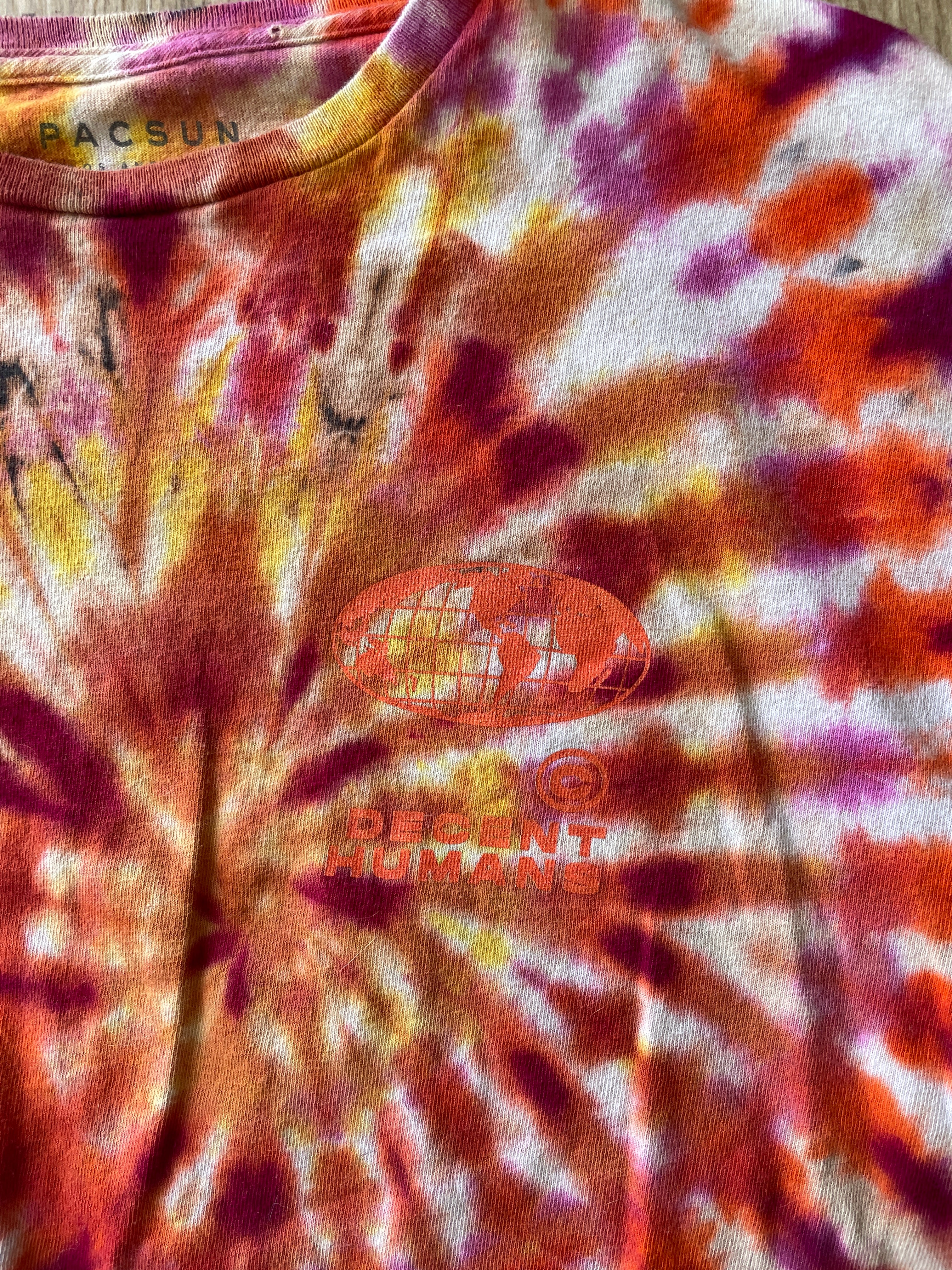 LARGE Men’s Decent Humans Choose Love Handmade Tie Dye T-Shirt | Pink and Orange Long Sleeve Tee