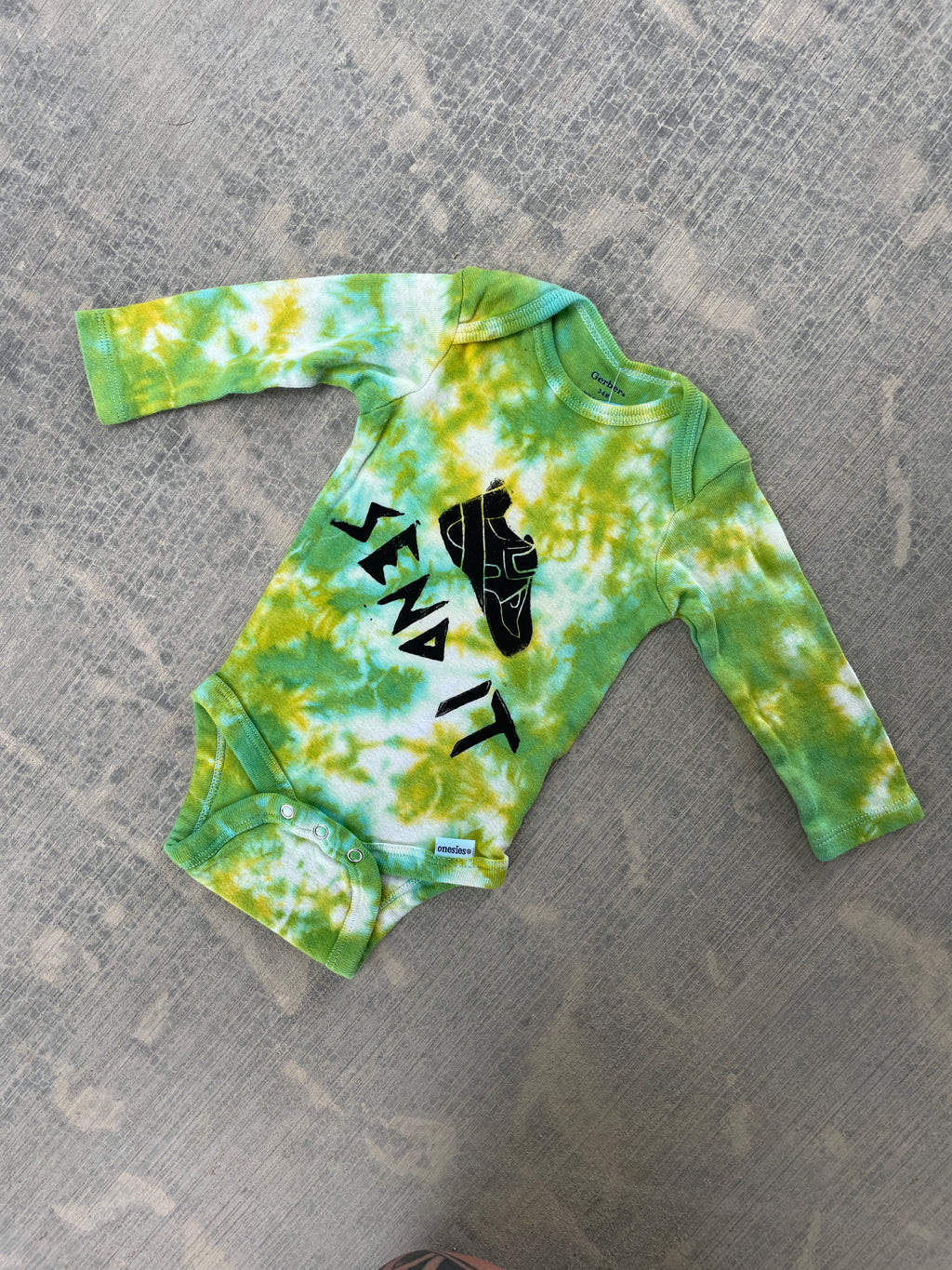 3-6 MO Green and Yellow Send It Climbing Shoe Long Sleeve Tie Dye Baby Onesie
