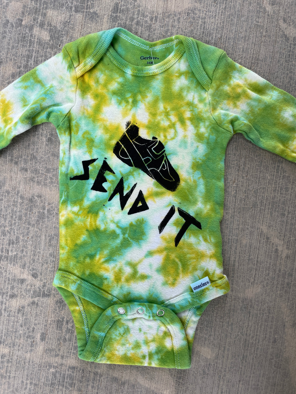 3-6 MO Green and Yellow Send It Climbing Shoe Long Sleeve Tie Dye Baby Onesie