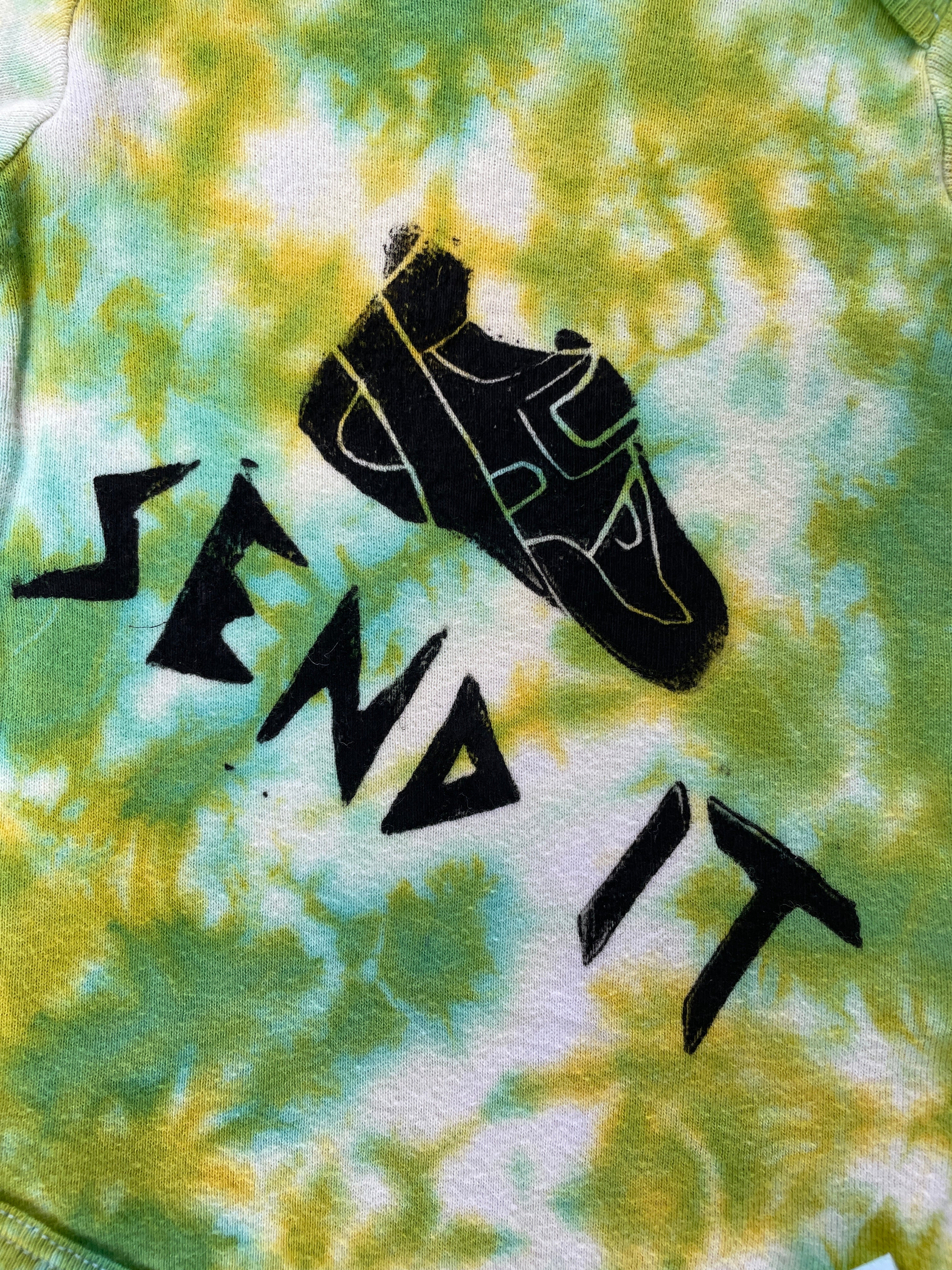 3-6 MO Green and Yellow Send It Climbing Shoe Long Sleeve Tie Dye Baby Onesie