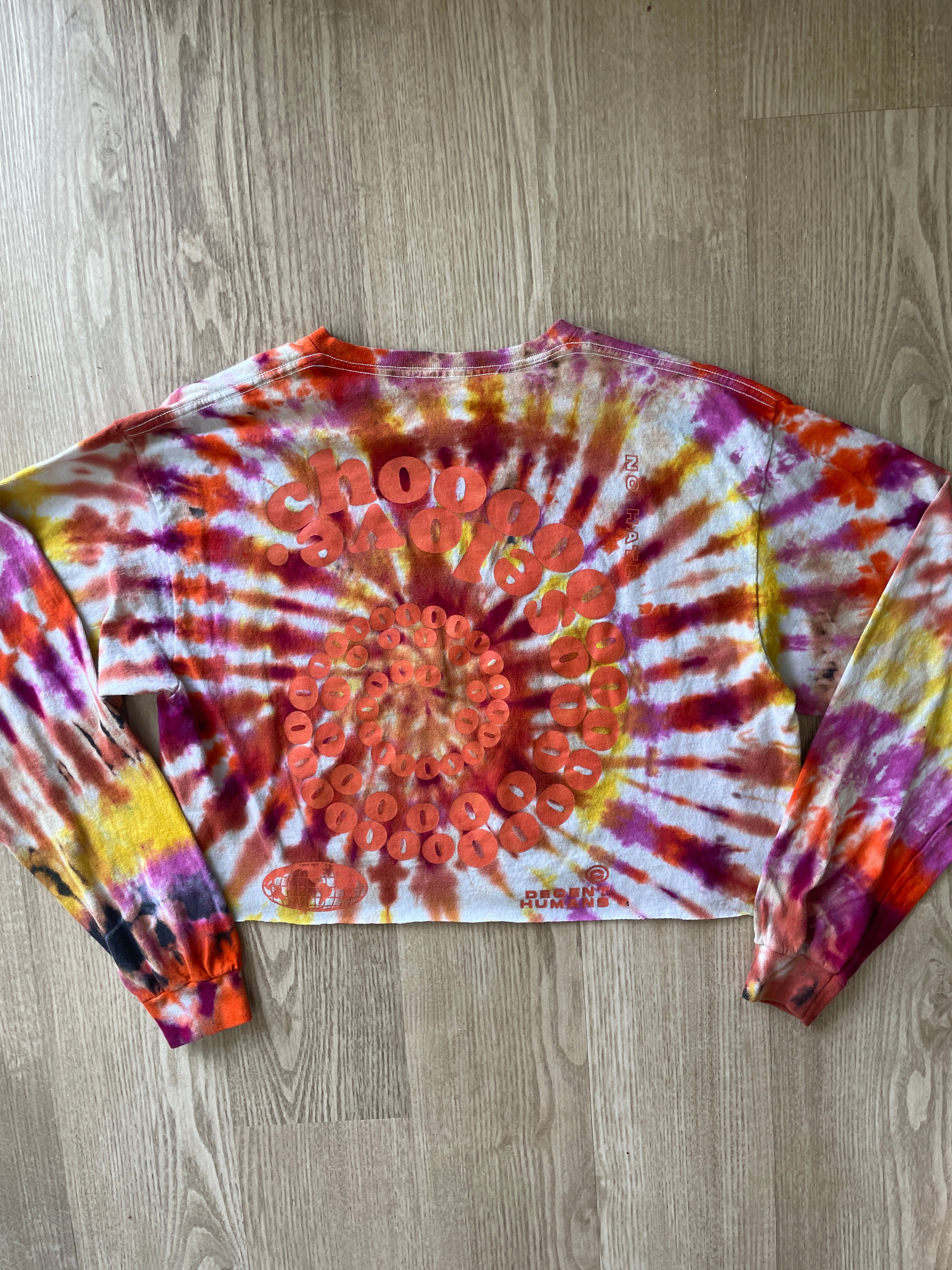 LARGE Men’s Decent Humans Choose Love Handmade Tie Dye T-Shirt | Pink and Orange Long Sleeve Tee