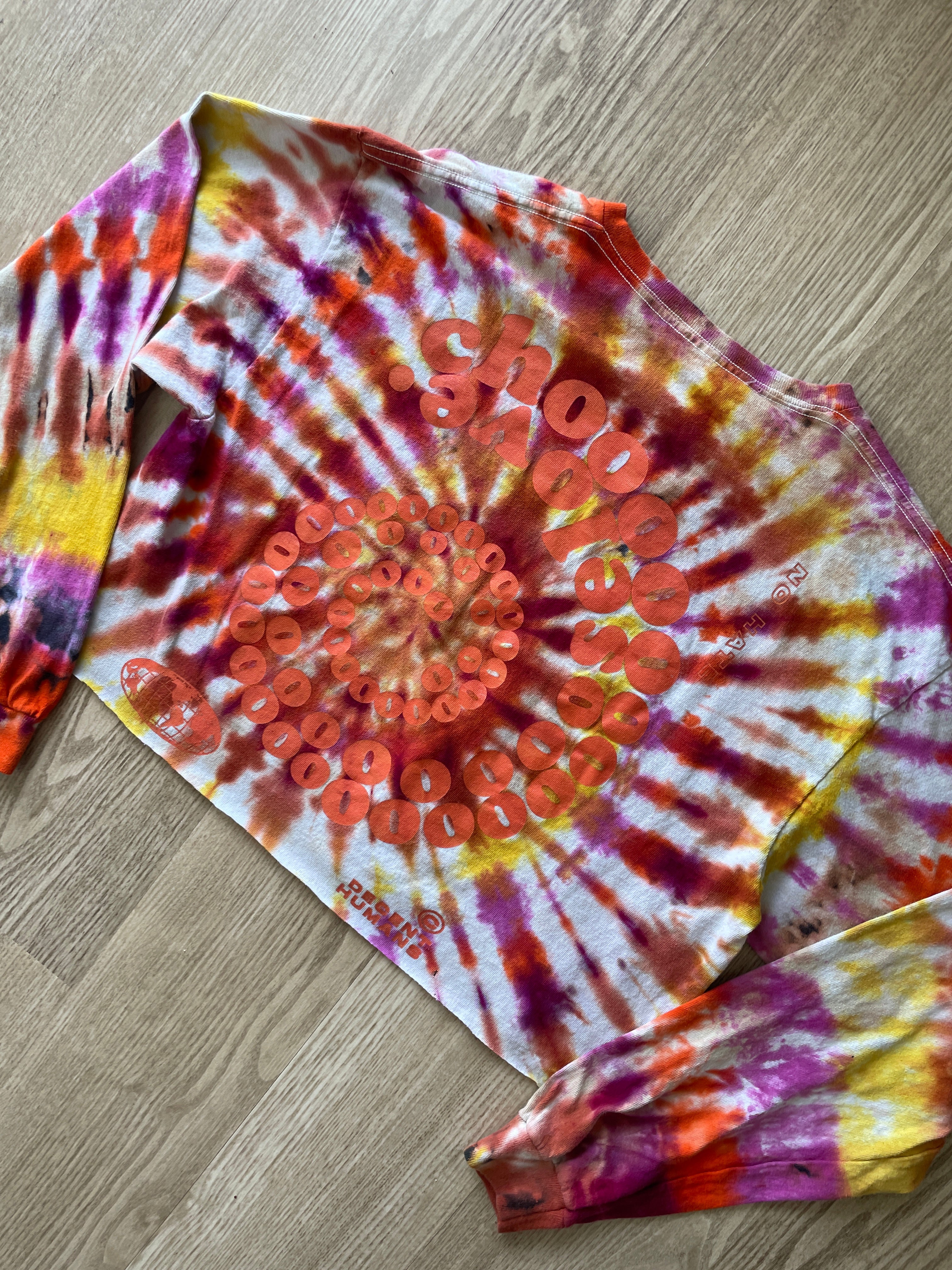 LARGE Men’s Decent Humans Choose Love Handmade Tie Dye T-Shirt | Pink and Orange Long Sleeve Tee