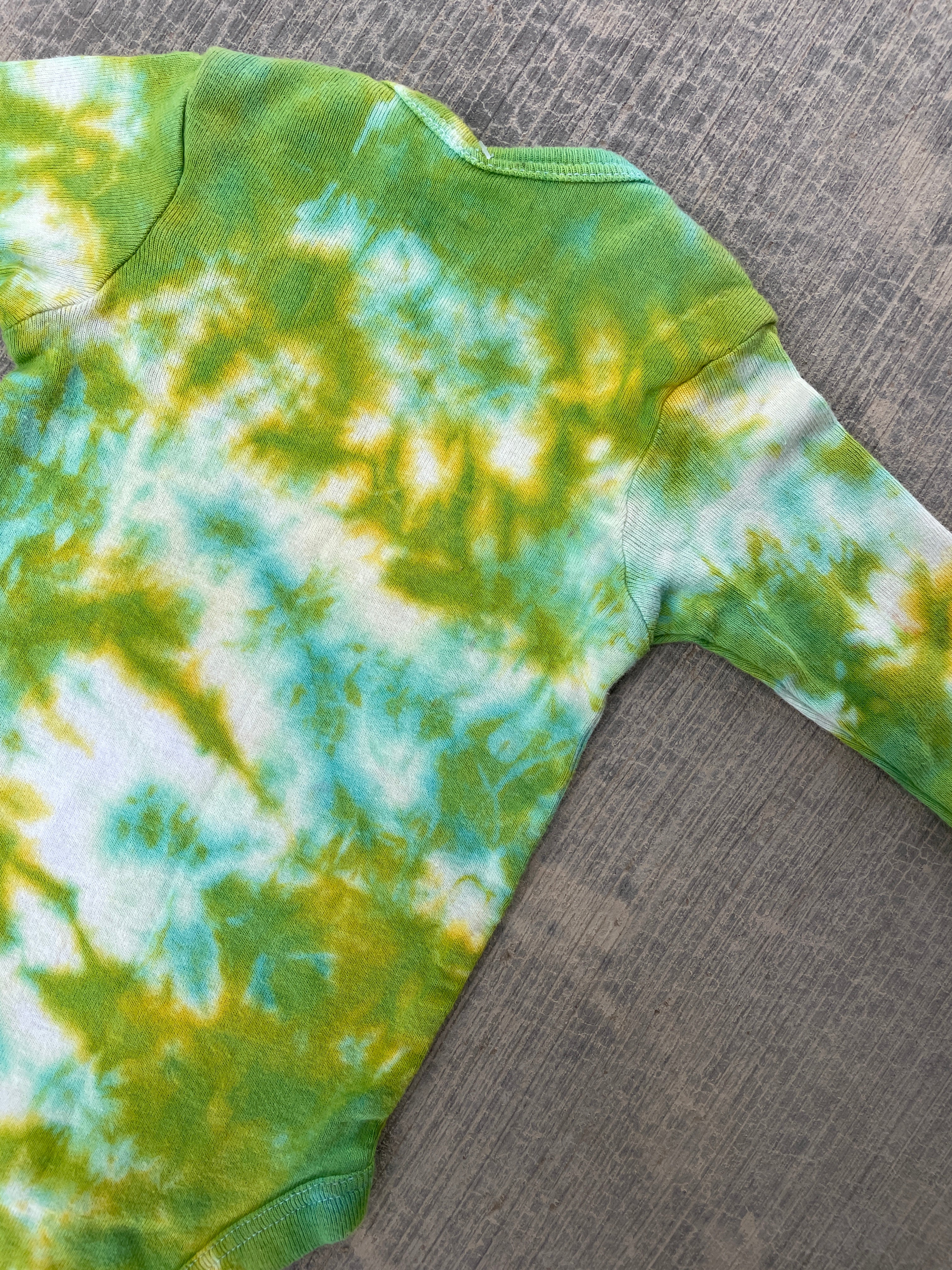 3-6 MO Green and Yellow Send It Climbing Shoe Long Sleeve Tie Dye Baby Onesie